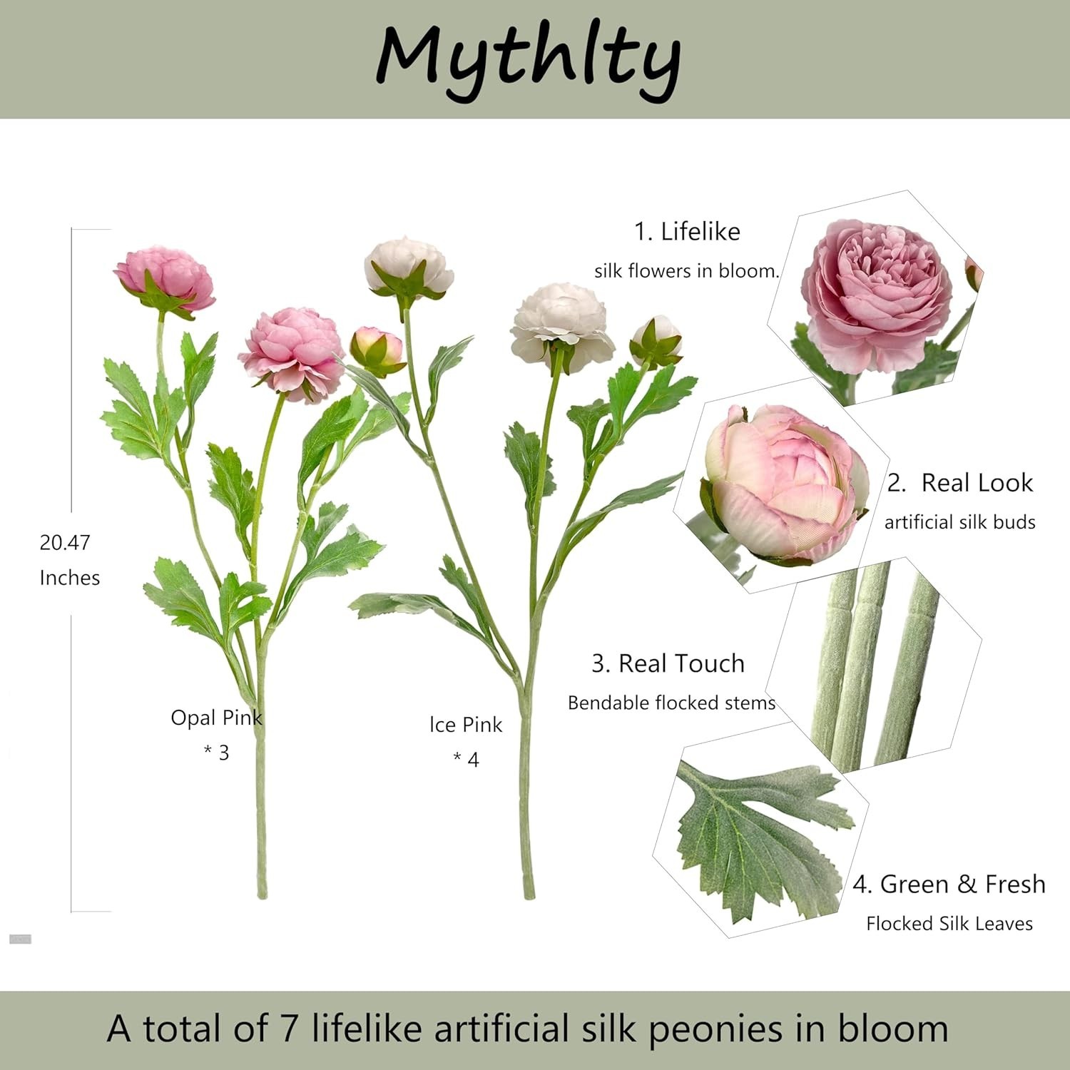 7 Pcs Peony Artificial Flowers with Stems, Faux Ice and Opal Pink Ranunculus Mix