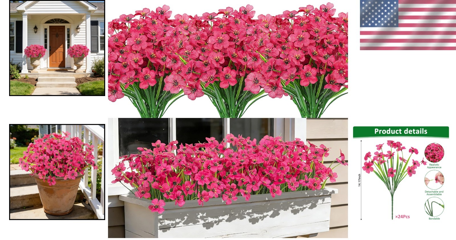 24 Bundles Artificial Flowers for Outdoors UV Resistant Silk Fake Flowers Faux