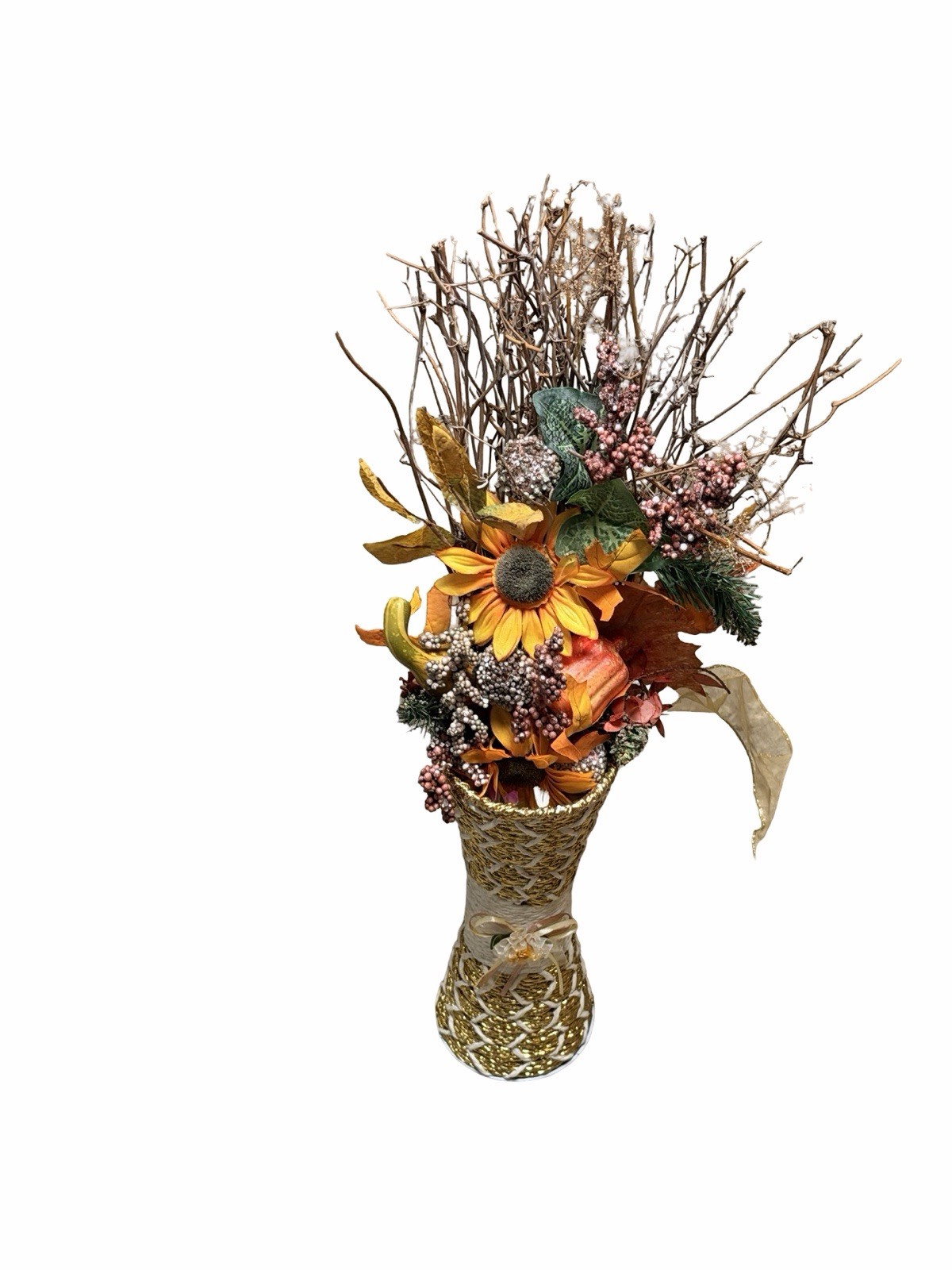 Fall Floral Arrangement Sunflower Twig Vase Autumn Harvest Centerpiece 23”