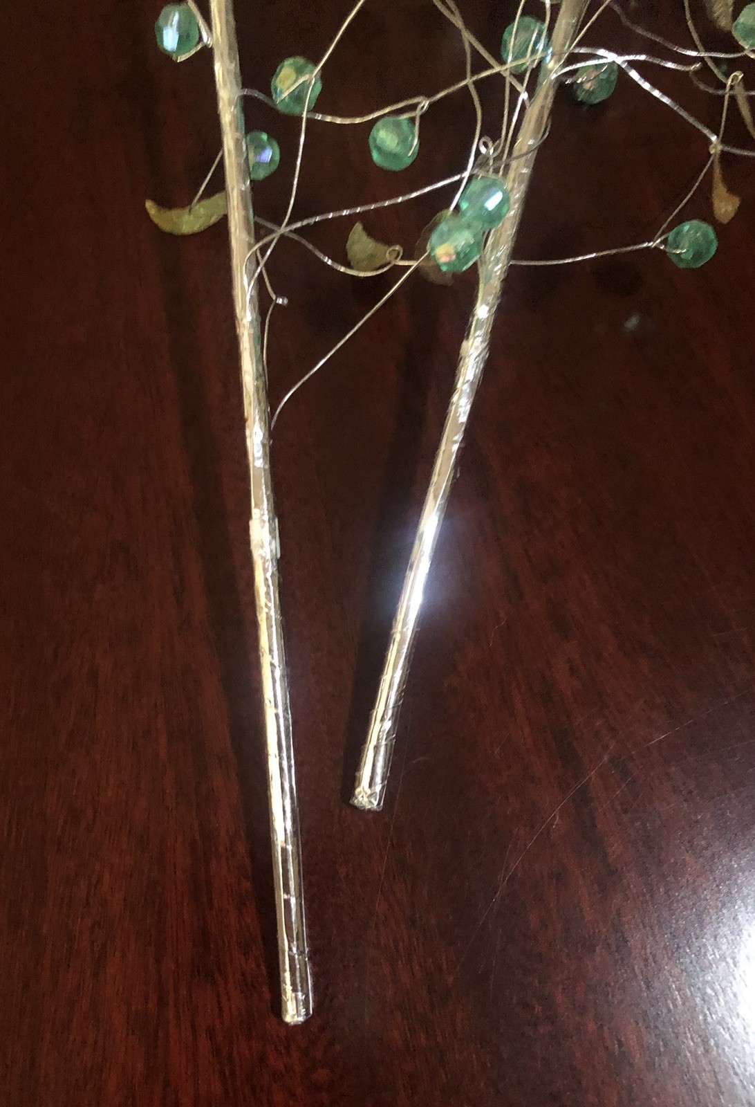 Set of 2 UNIQUE AQUA BEADED IRIDESCENT LEAVES WIRED SPRAY STEM VASE DECORATION