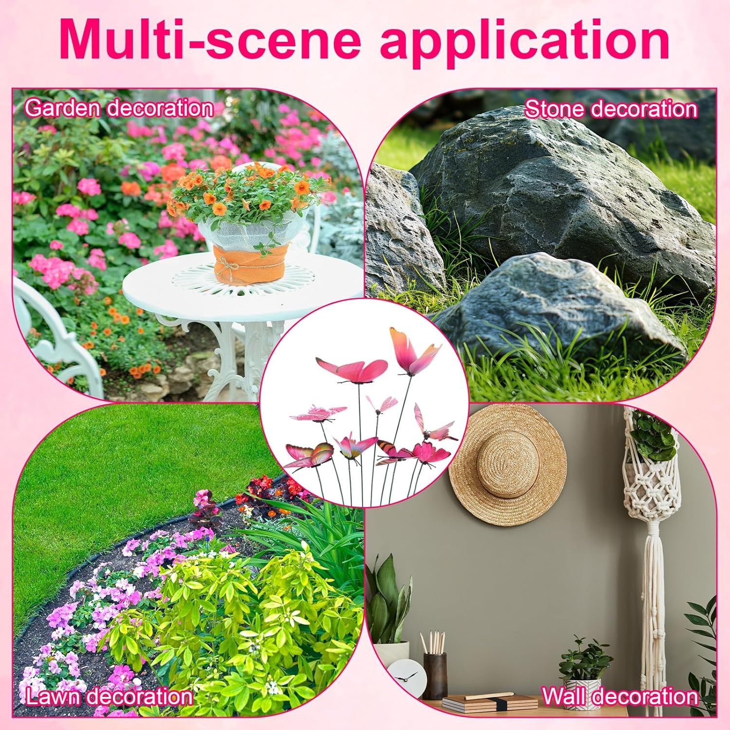 Penitue 12pcs Butterfly Plant Stakes PVC Garden Decor Pink Flower Pots
