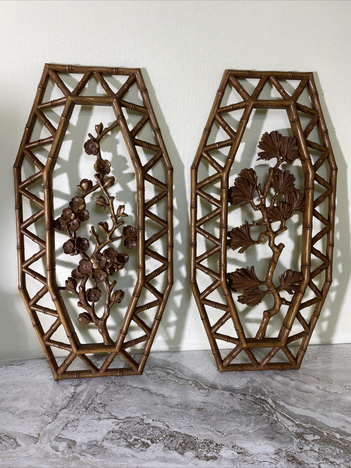 Vtg SYROCO Pair Bamboo Floral Wall Plaques Dart 7412 A & B Homco Retro MCM Boho