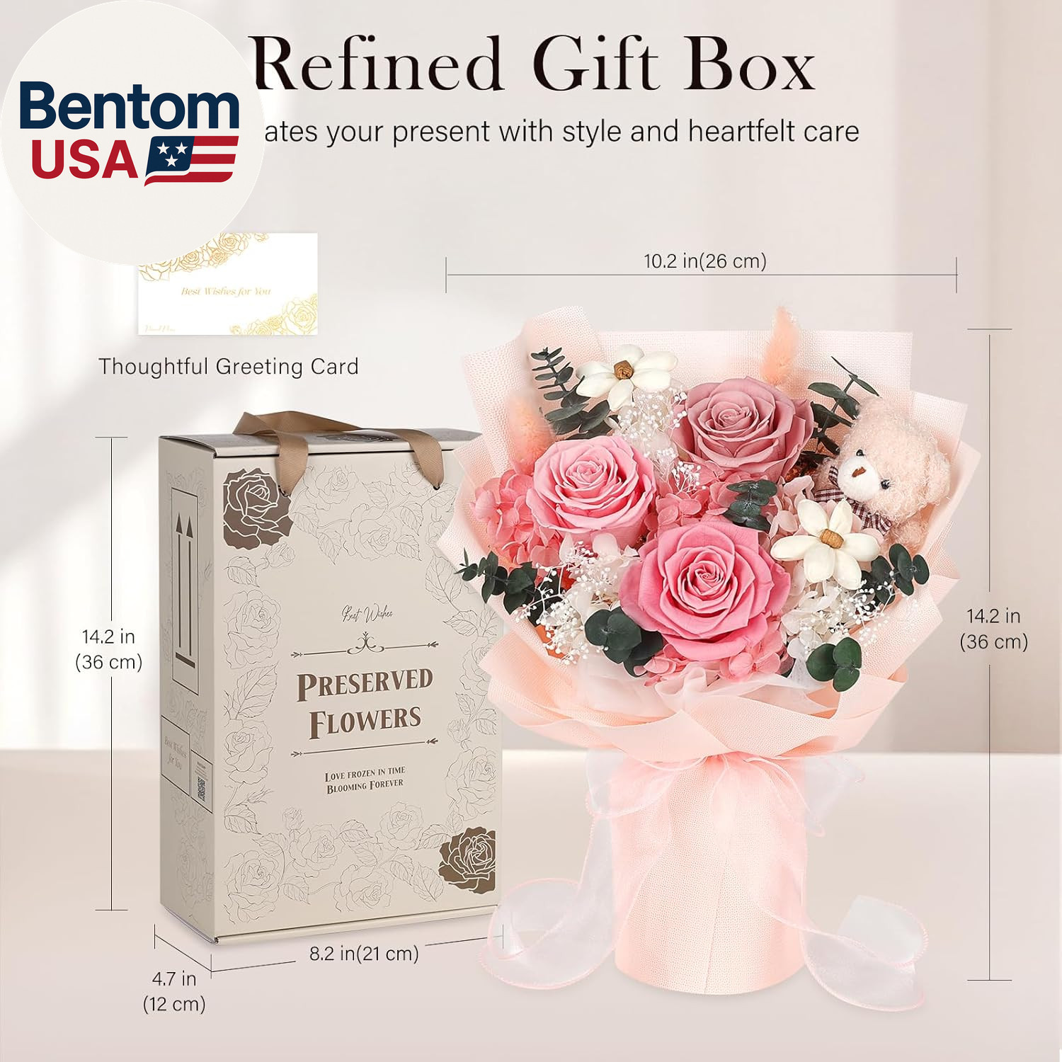 Preserved Flowers Bouquet with Bear, 3 Real Forever Flowers for Delivery, Long-L