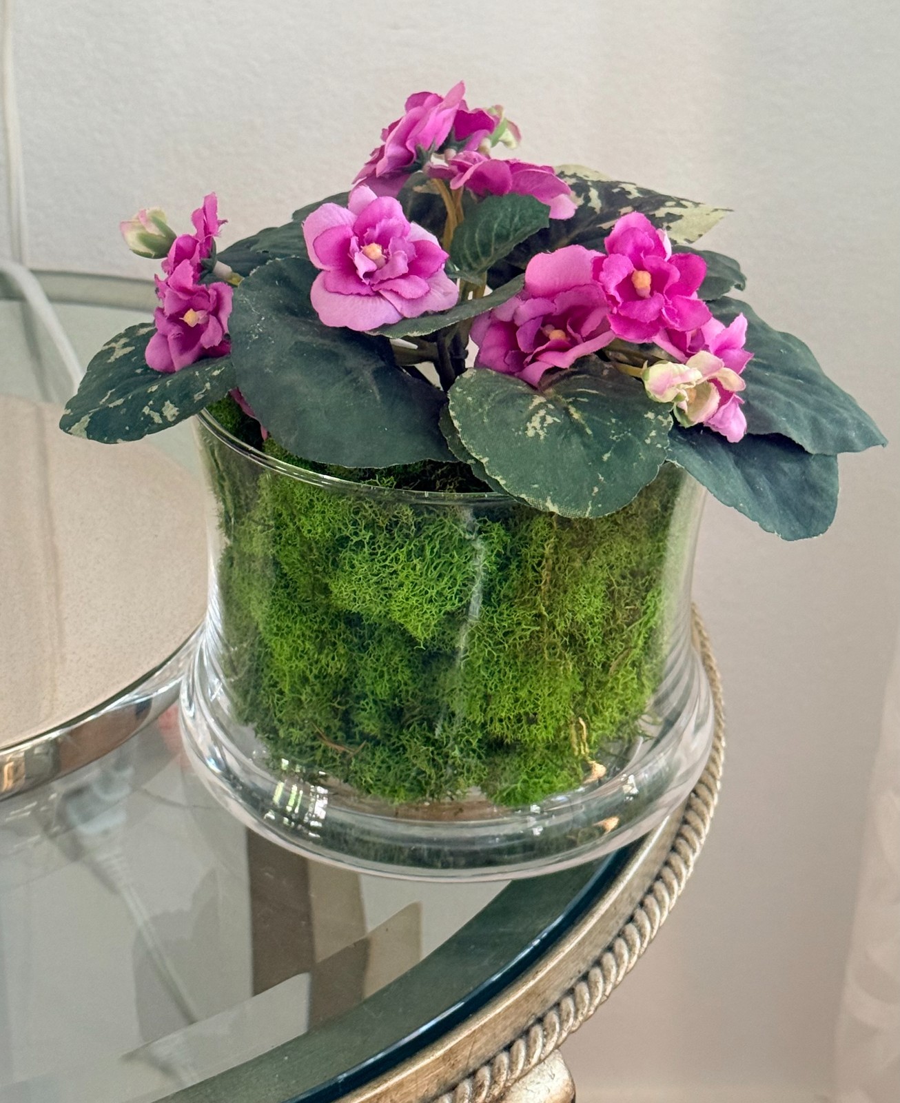 Nearly Natural African Violet with Glass Container