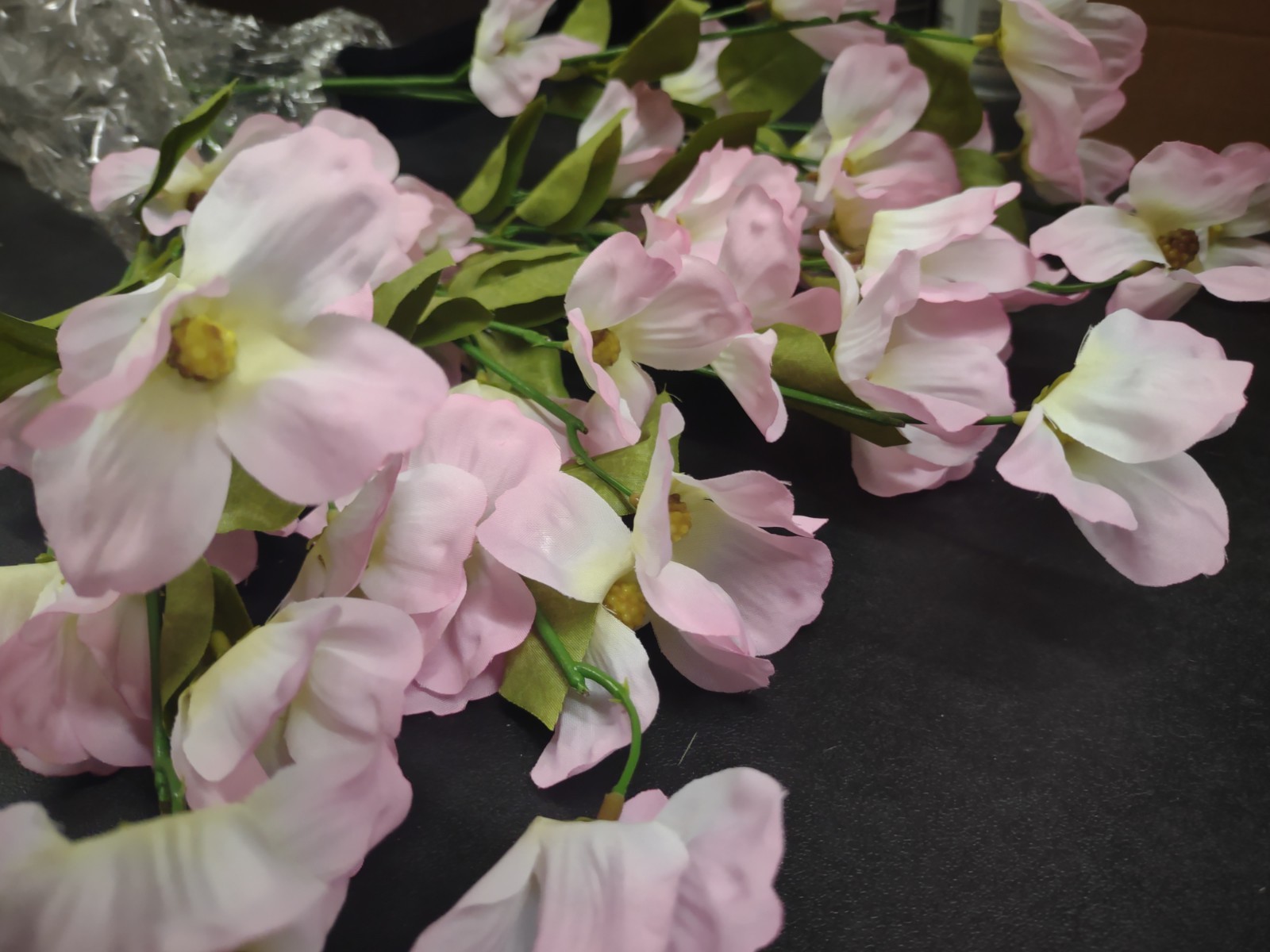 Silk Flower Bush with Pink Dogwood Blooms, 15 Inches w/15 Wired Stems + Leaves