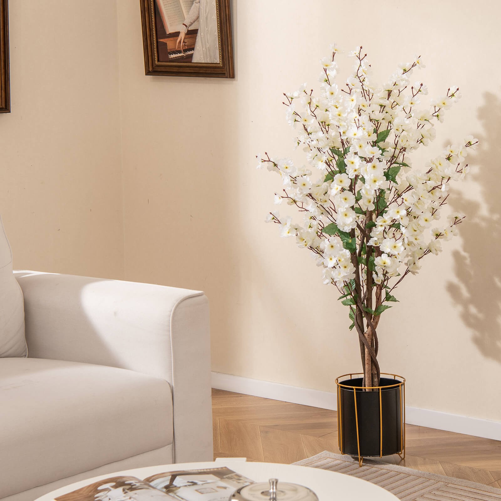 47″ Artificial Winter Sweet Tree Faux Plum Blossom Plant w/White Fabric Flower