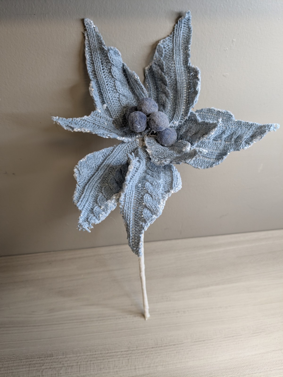 Blue Knit Pointsettia Stem Floral Pick Decor