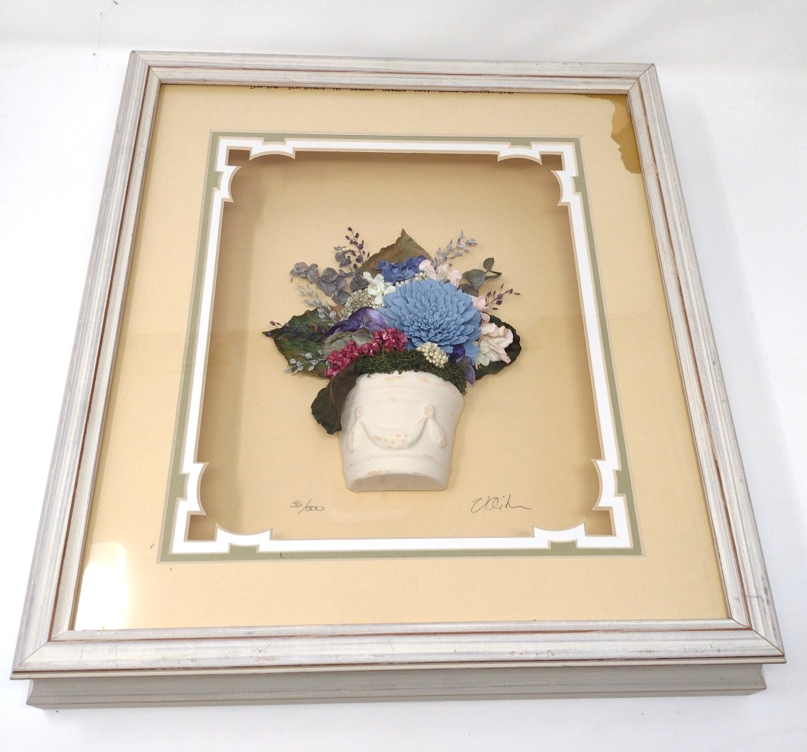 Vintage Handmade 3D Shadow Box Blue Flowers White Box Frame 56/500 Signed