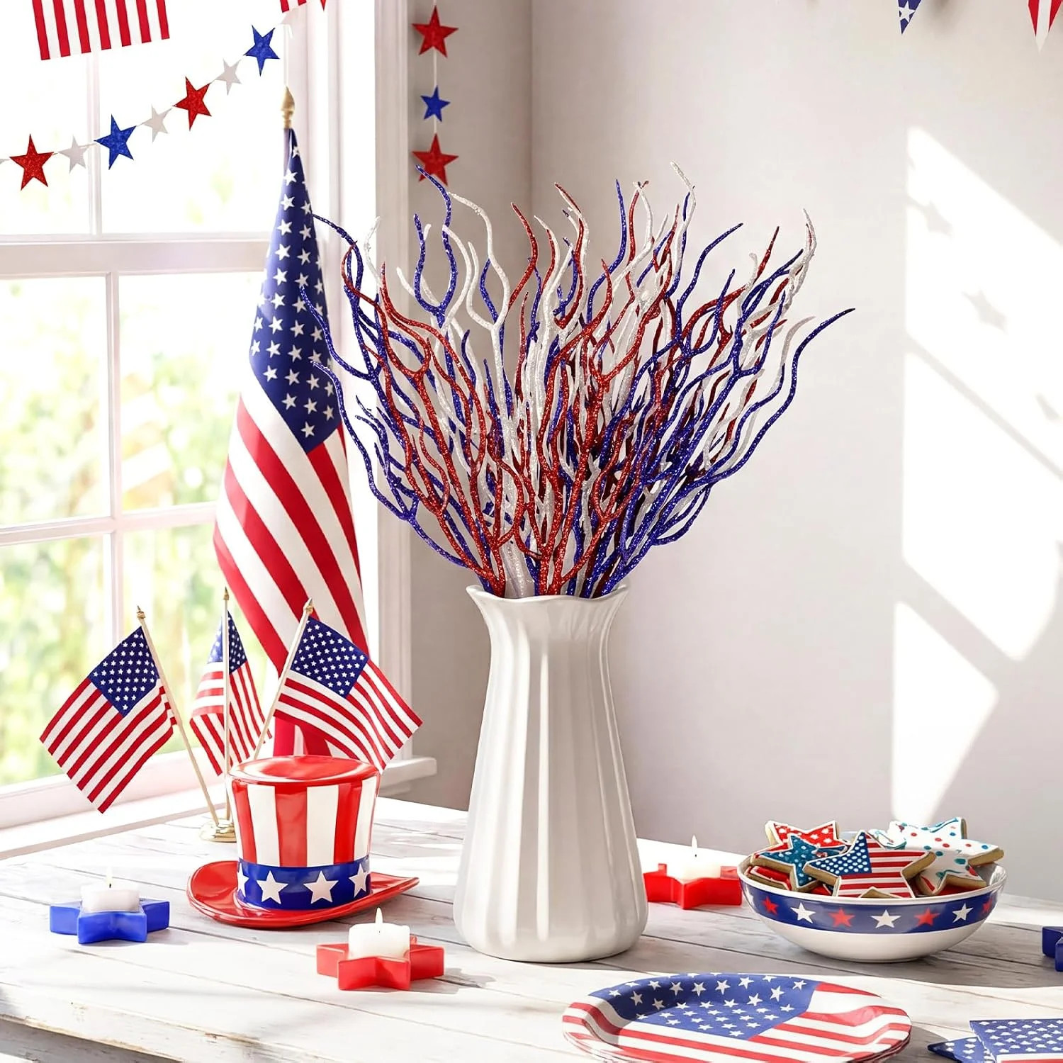 Giegxin 16 Pack Patriotic Picks 17 Inches Red White and Blue Artificial Flowers