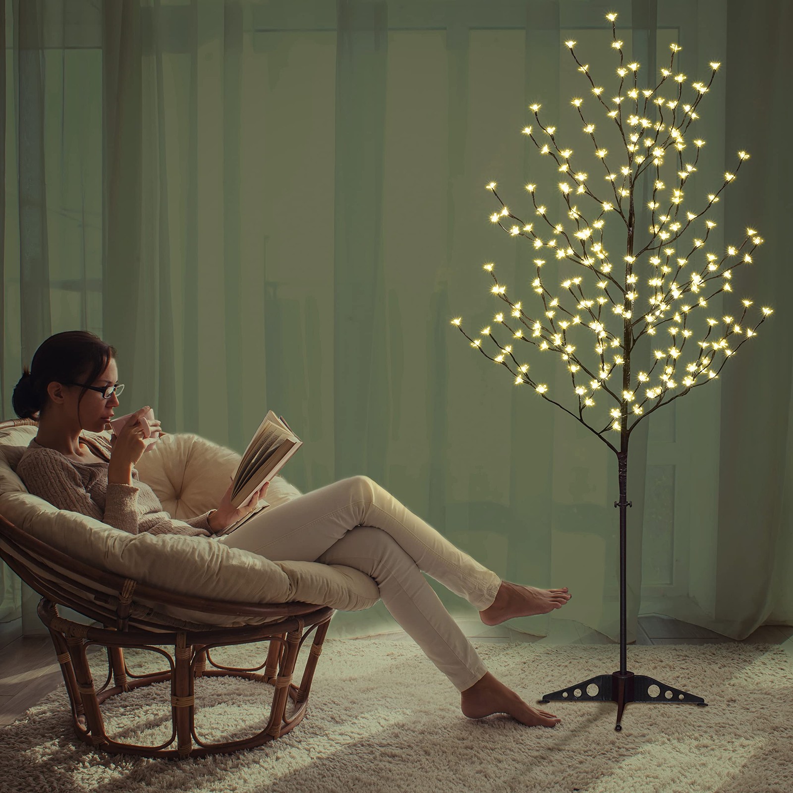 Set of 3 Cherry Blossom Trees, 4FT 5FT and 6FT Lighted Artificial Trees for D…