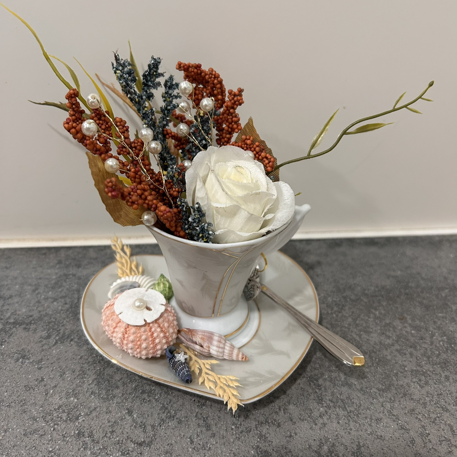 Floral Seashell Assemblage In GMA Fine Porcelain China Tea Cup Saucer Set