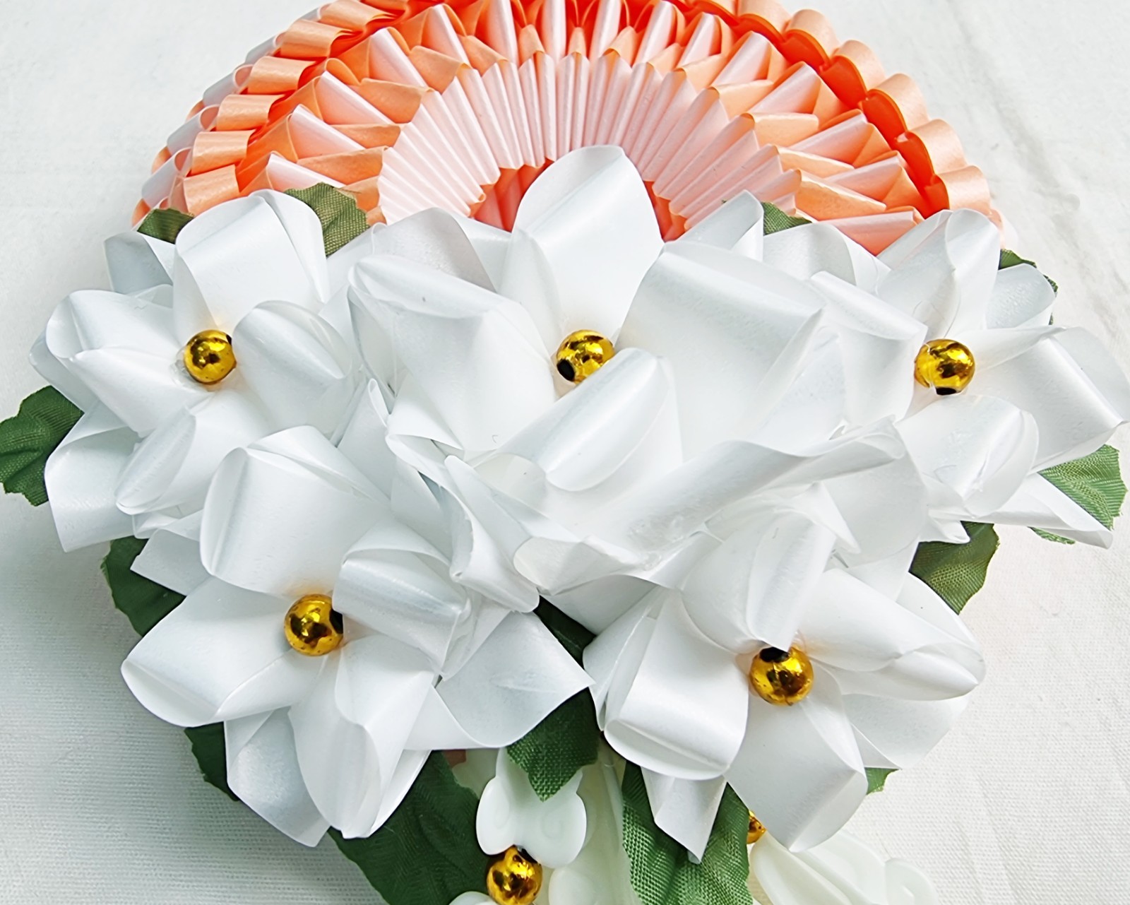 Ribbon folding art, Garland, Artificial Light Orange flowers made from plastic