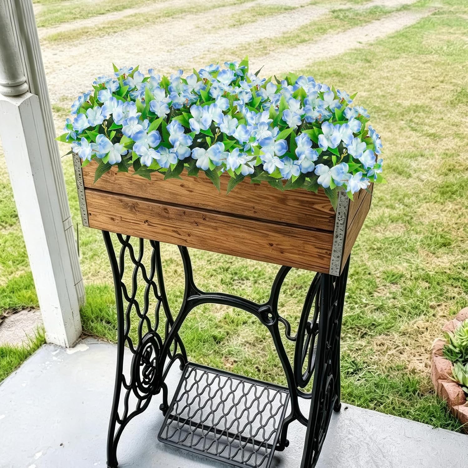 2 Pcs UV Resistant Blue Artificial Impatiens Flowers – Perfect for Outdoor Decor