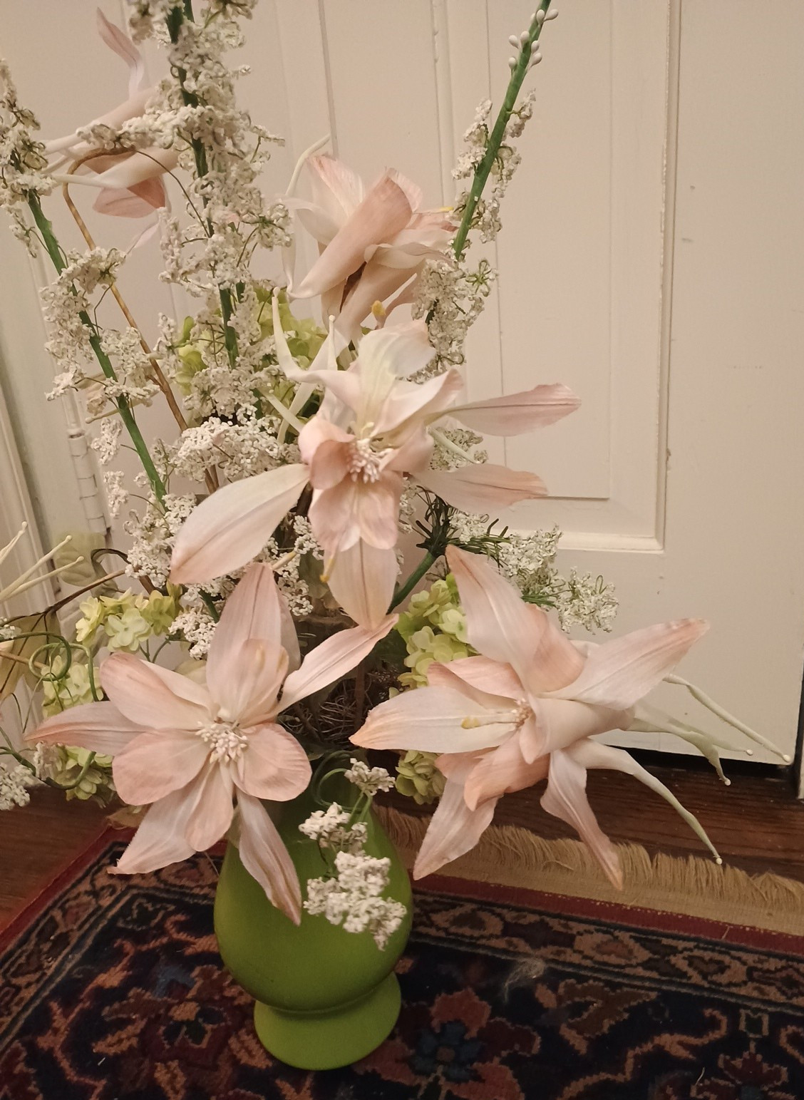 Pink Lily Delphinium Hydrangea Faux Silk Flower Arrangement Floral Green Vase