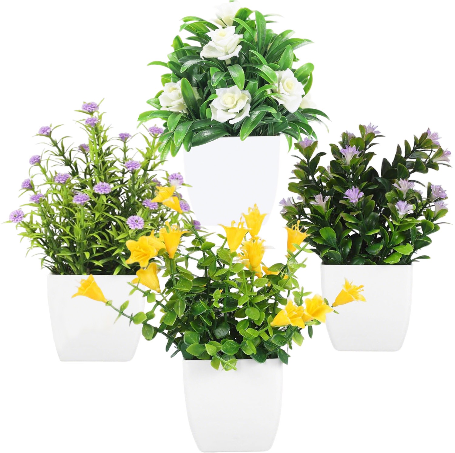 4 Pack Fake Plants Small Artificial Potted Faux Plants with Flowers Office Decor