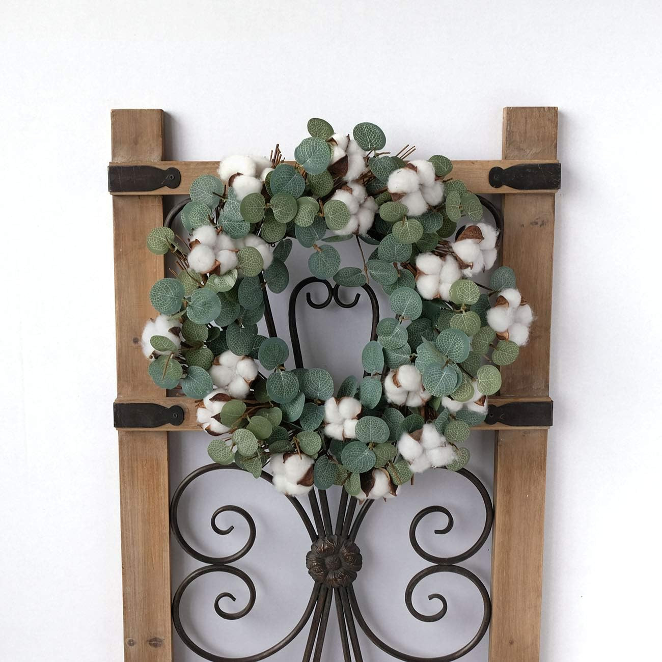 Eucalyptus and Cotton Wreath, 14 Inches Artificial Wreath on a Natural Twig Base