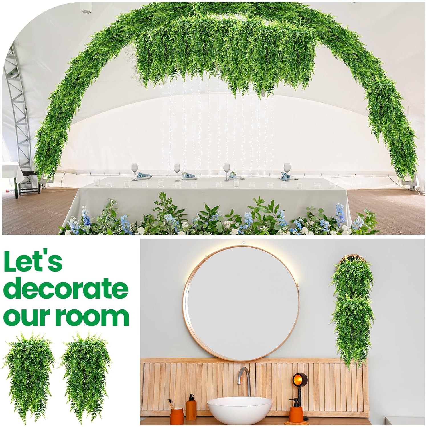 3Pcs Artificial Hanging Plants Fake Fern Trailing Foliage Flower Leaf Home Decor