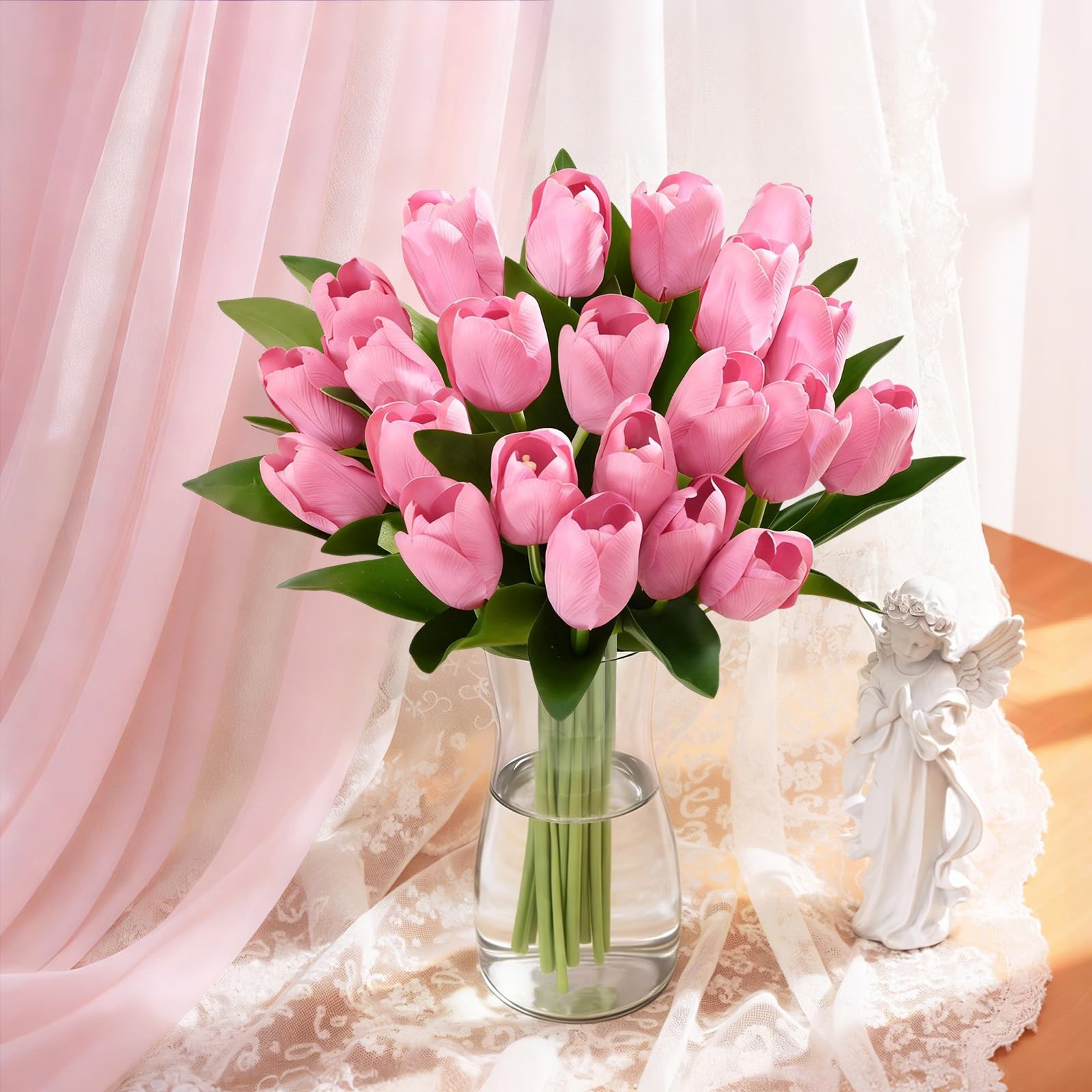 12 PCS Pink Tulips Artificial Flowers Real Touch Fake Bouquet 14″ Decor