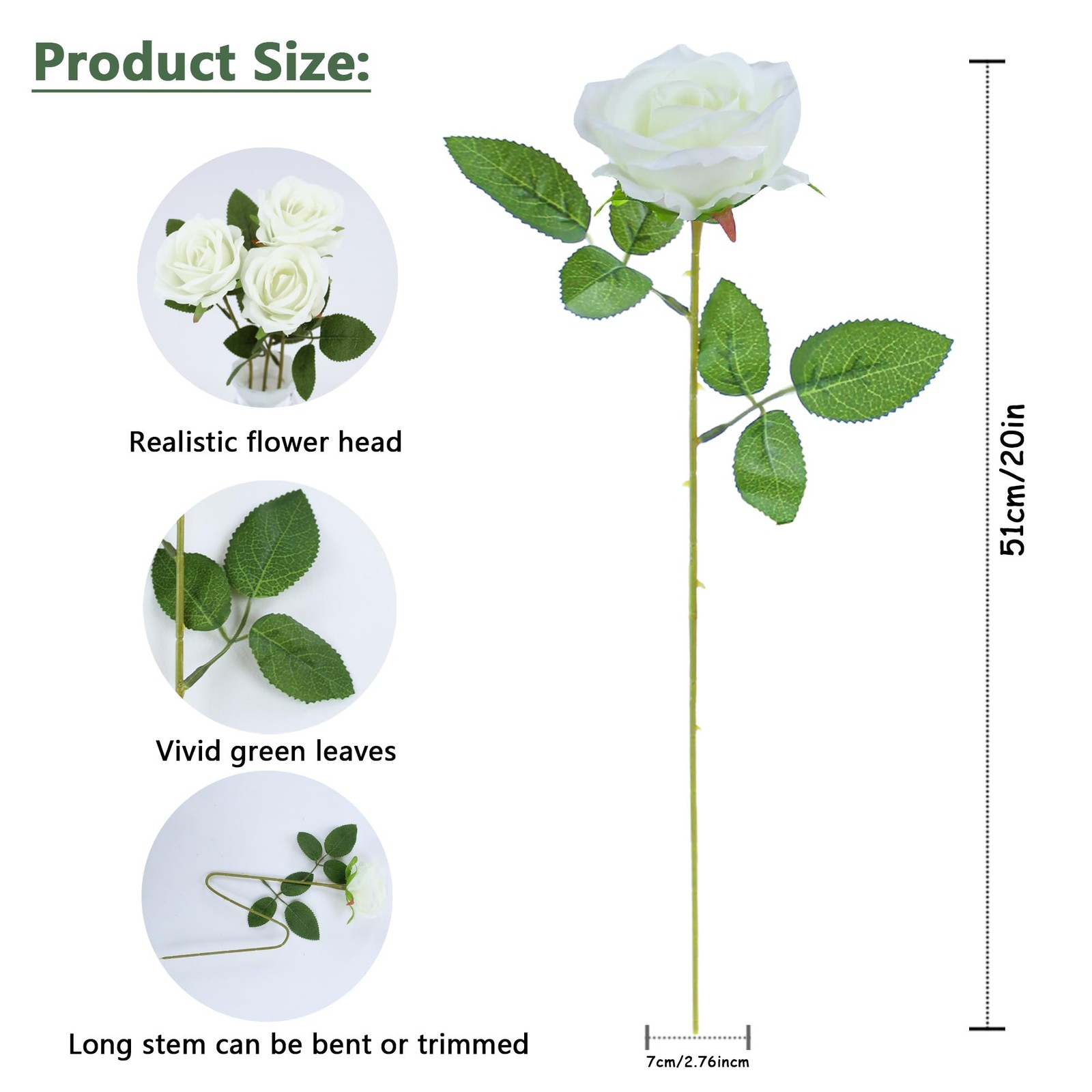 50pcs Artificial Roses in Bulk Fake Silk Roses with Stem Realistic White Rose…