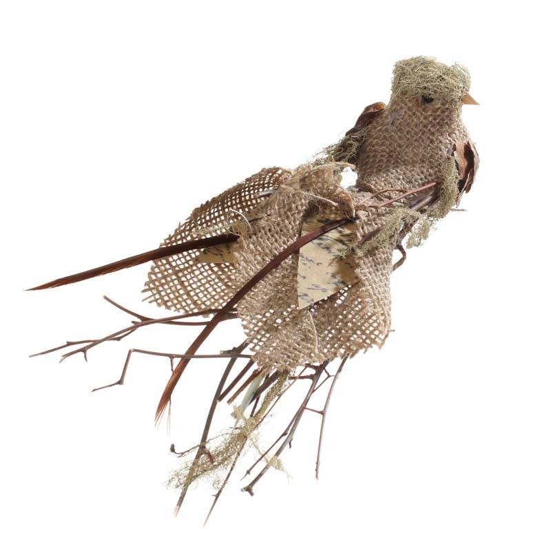 Set of 4 Natural Burlap Woodland Artificial 7-1/2″ Birds with Alligator Clips
