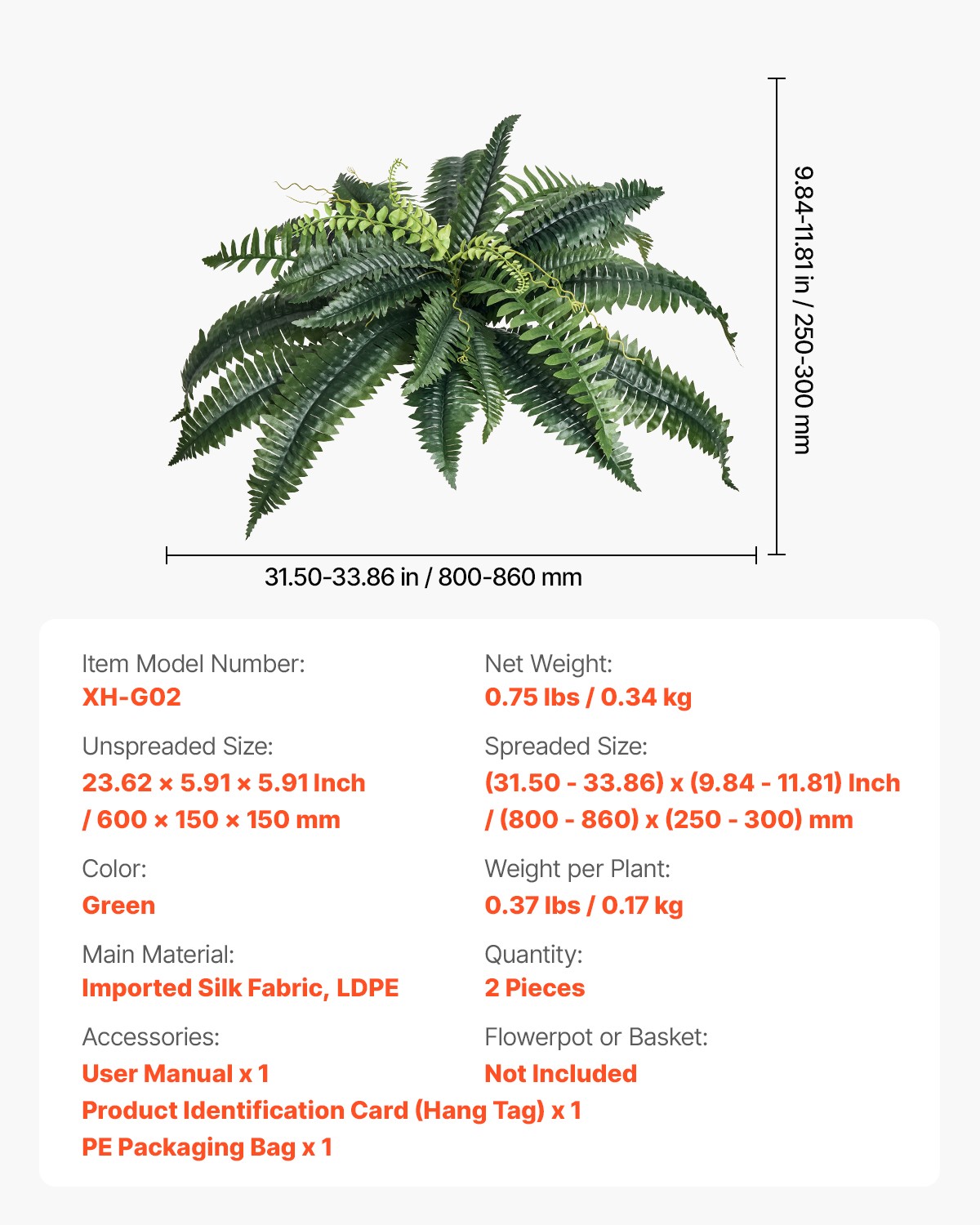 VEVOR 2 Pcs Artificial Boston Ferns Plastic Fern 30Branches Indoor Outdoor Decor