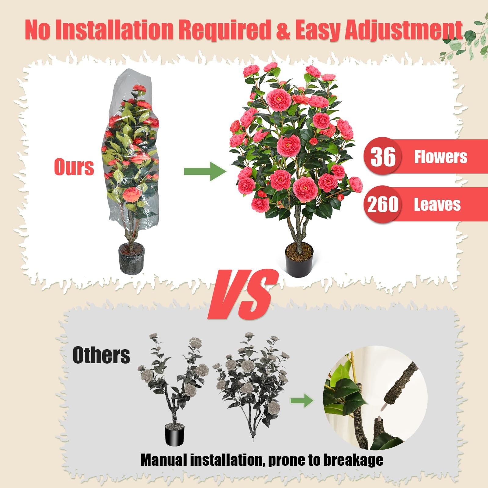 2 Pack 42″ Fake Tree Rose Pink Artificial Camellia Tree with 36 Blooming Flow…