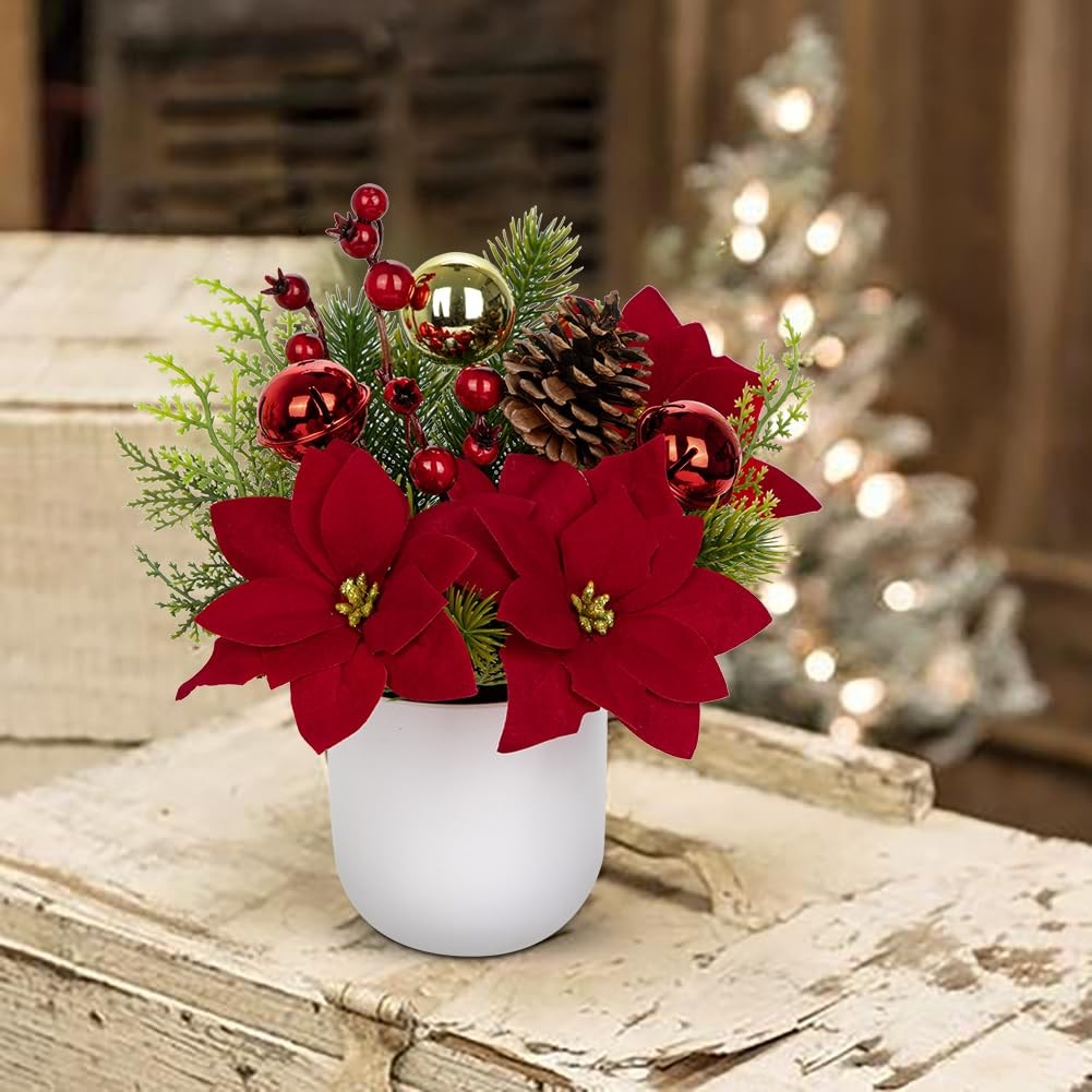 Small Christmas Tree Artificial Potted – 9″ Mini Fake Poinsettias Plant Table…