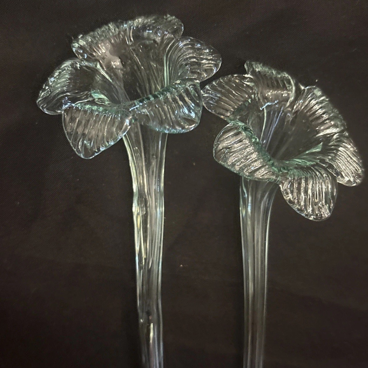 VTG: Blown Glass Clear Trumpet Lily Over 12” Long Stem Murano Style Art Flower