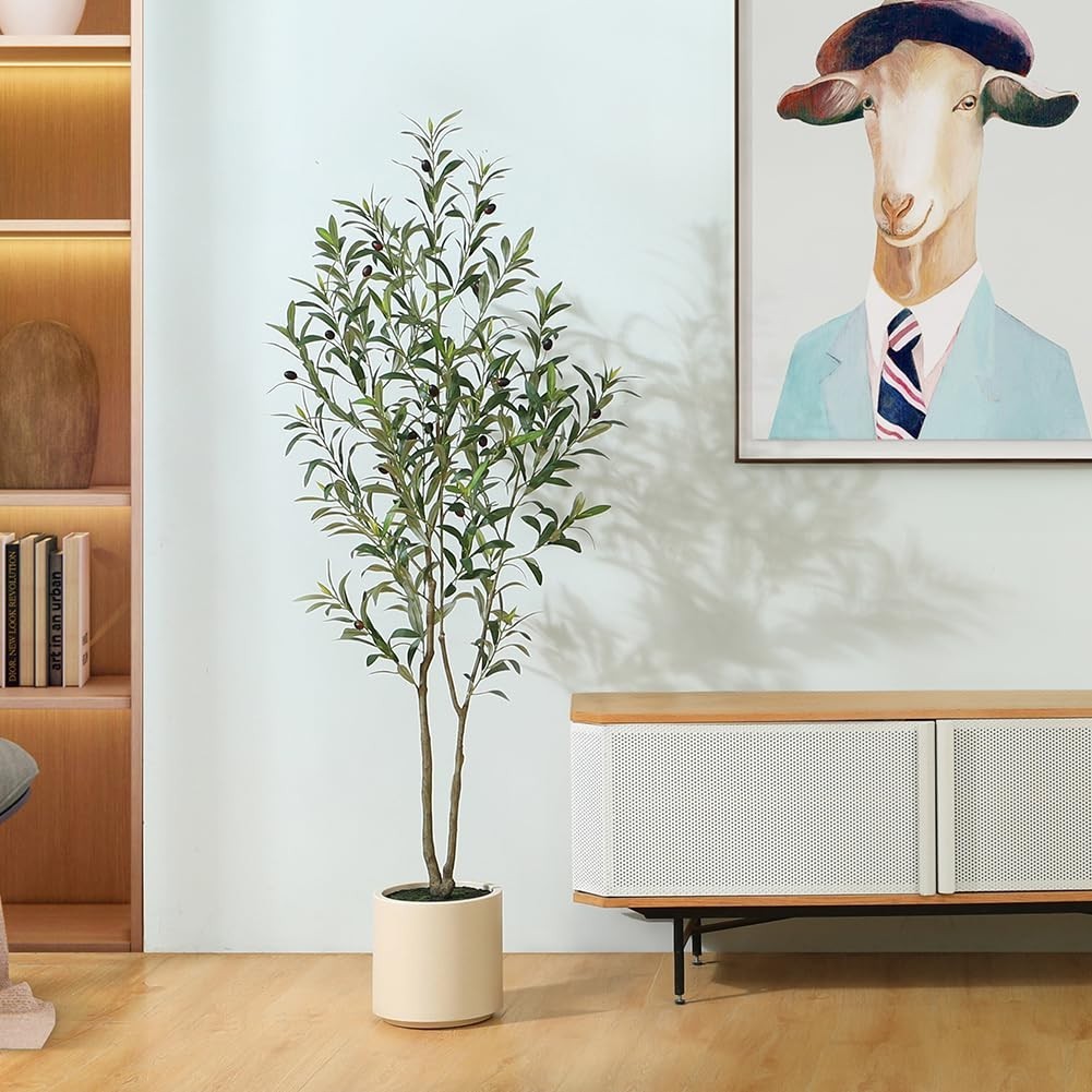 5ft Artificial Olive Tree – Faux Silk Plant with White Planter for Home Decor, G