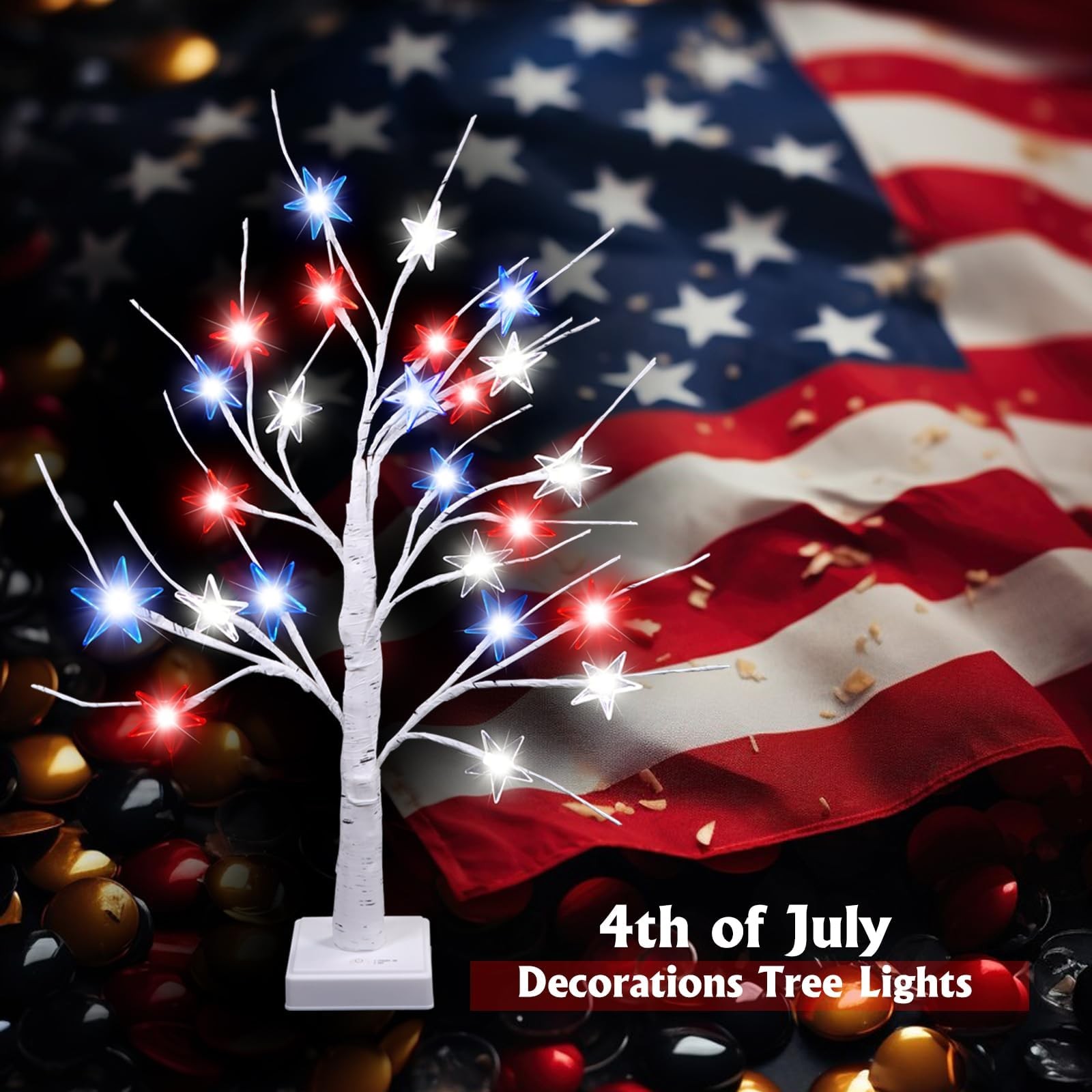 2Pack 24Inch 4th of July Decorations Patriotic Tree Lights, 24 LED Red White …