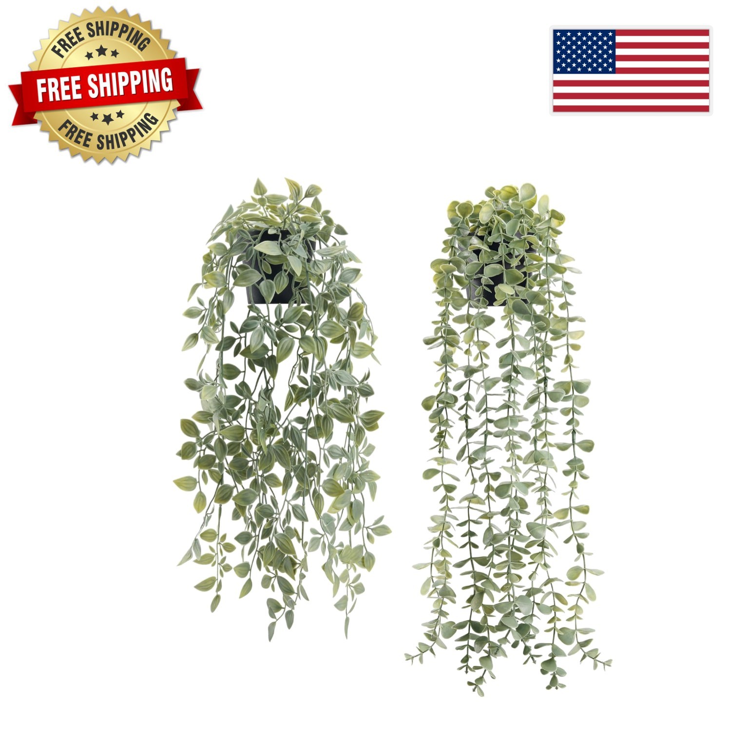 Realistic Faux Eucalyptus & Pea Pod Plants in Elegant Black Pots – 2-Piece Set