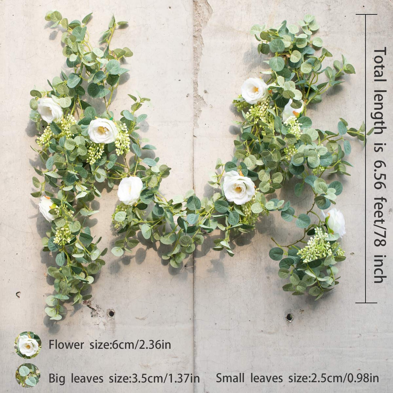 PARTY JOY 6.56ft Eucalyptus Garland with Flowers-8 White Roses, Artificial Fa…