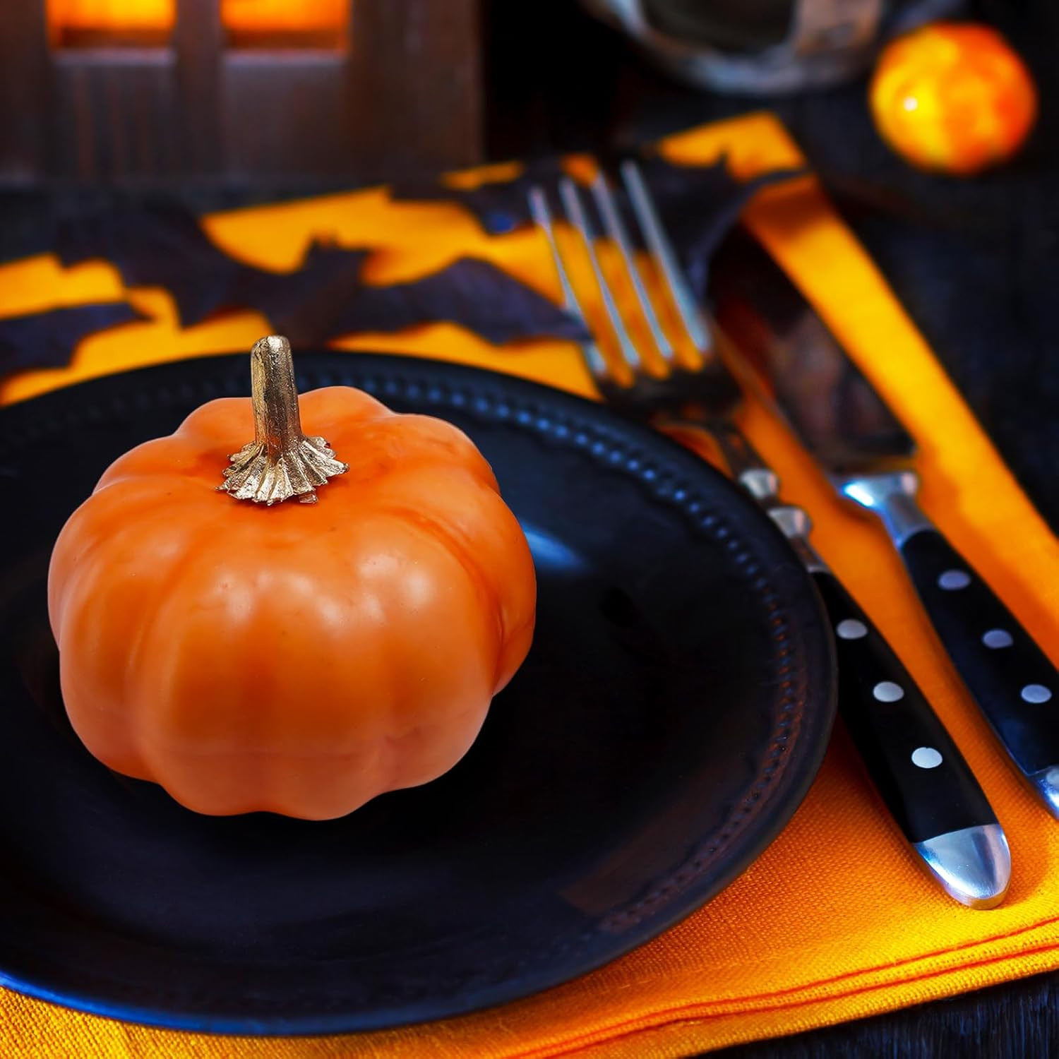12 Pcs Artificial Orange & Black Pumpkins – Small Decorative Fall Pumpkins for A