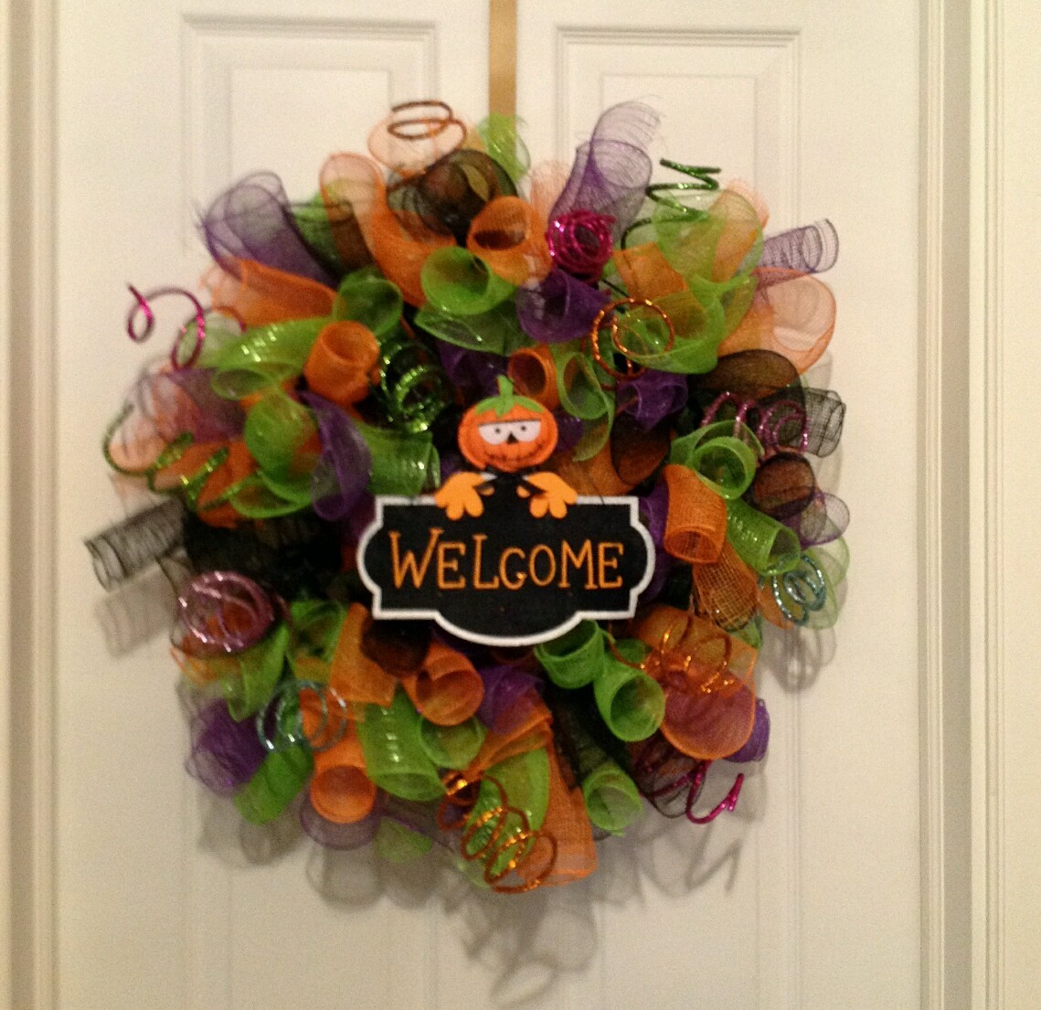 Handmade halloween,fall,pumpkin,orange, purple, green black deco mesh wreath