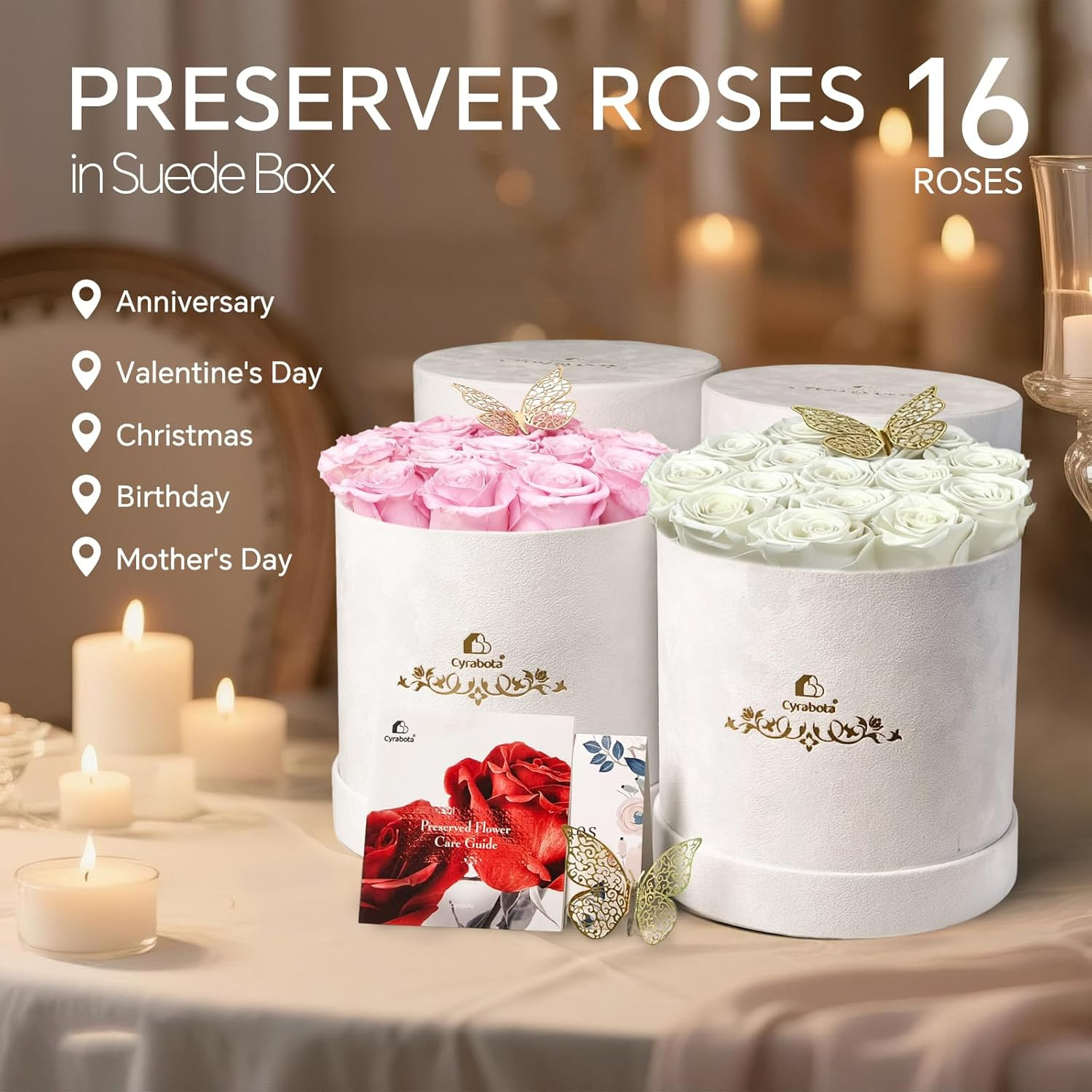 16 Pink Preserved Flowers in round Gift Box, Forever Flowers Eternal Roses for M