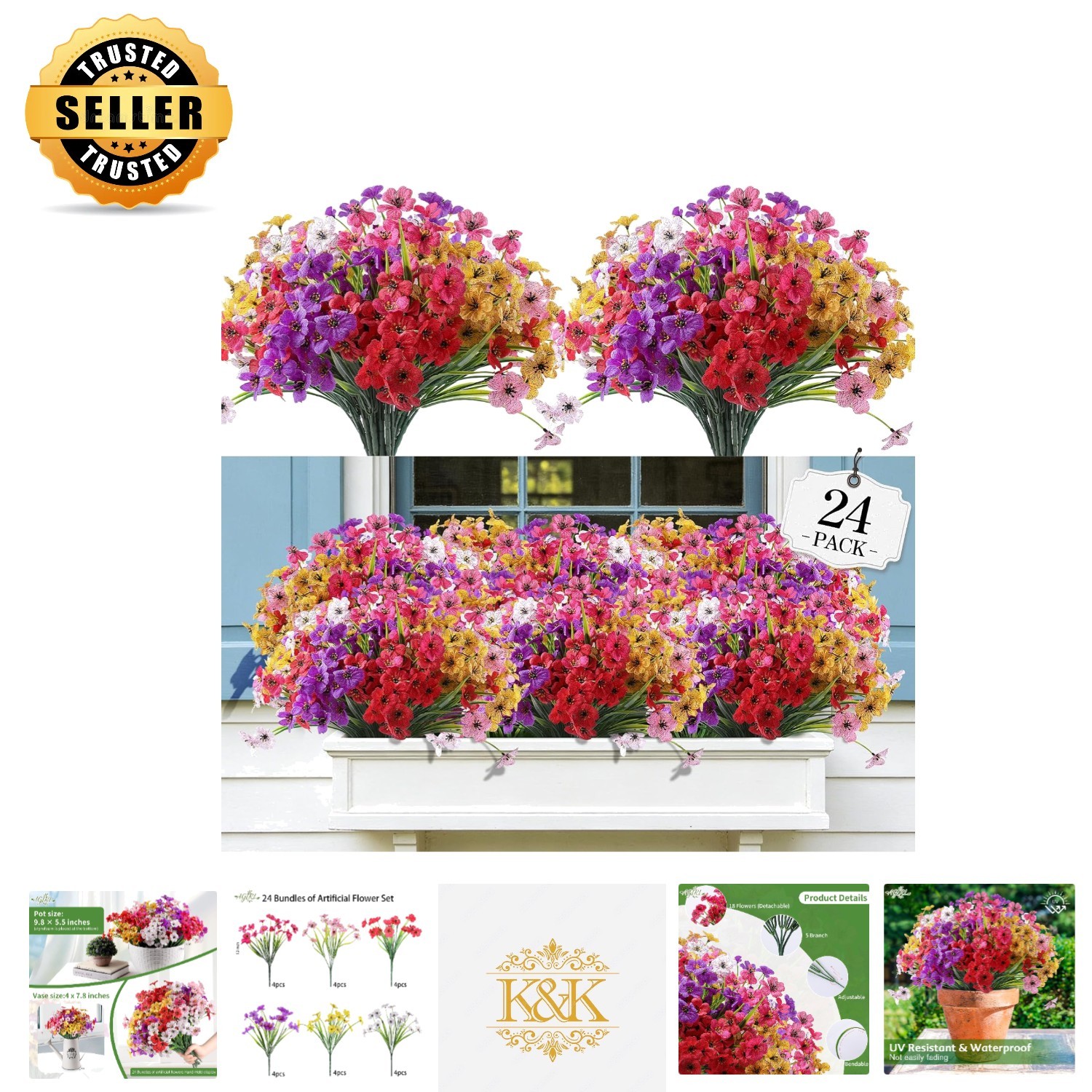 24 Bundles UV Resistant Artificial Flowers for Vibrant Indoor & Outdoor Decor