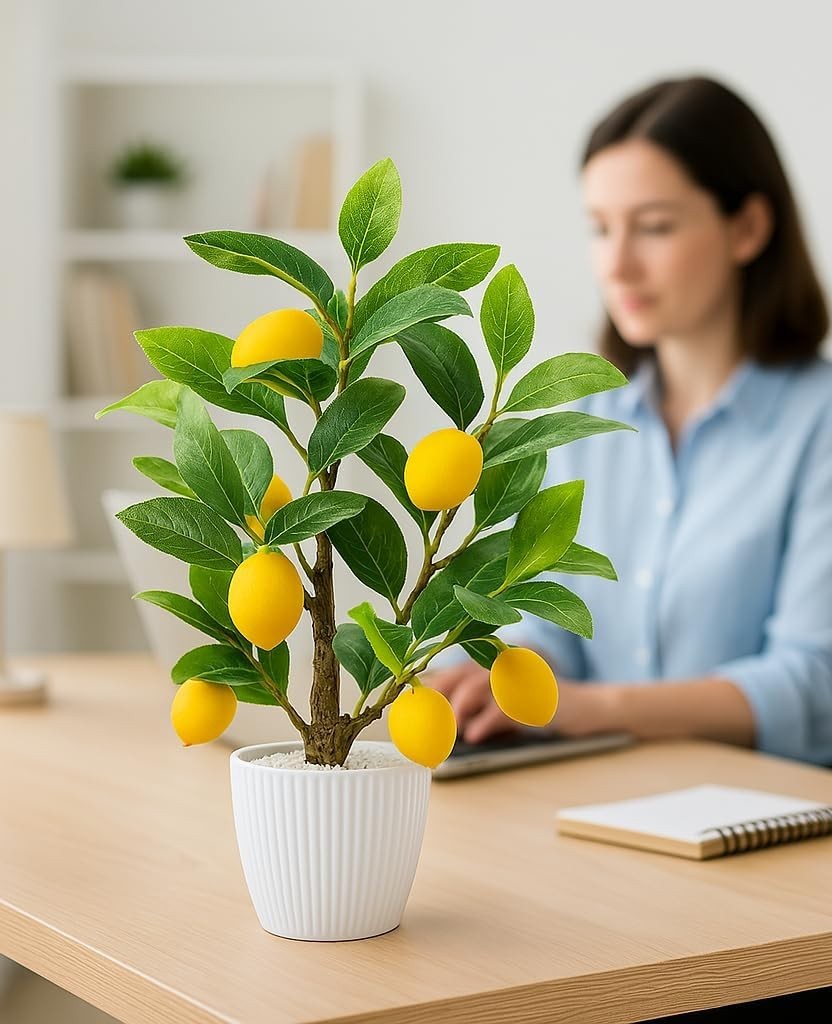 Artificial Lemon Tree with White Pot, 18” Faux Citrus Plant for Kitchen, Bath…