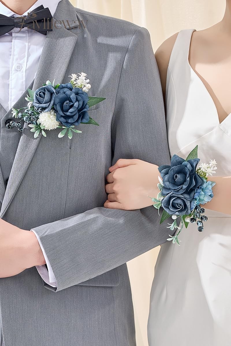 Blue Rose Corsage Boutonniere Set Prom Flower Wrist Wedding Artificial Decor
