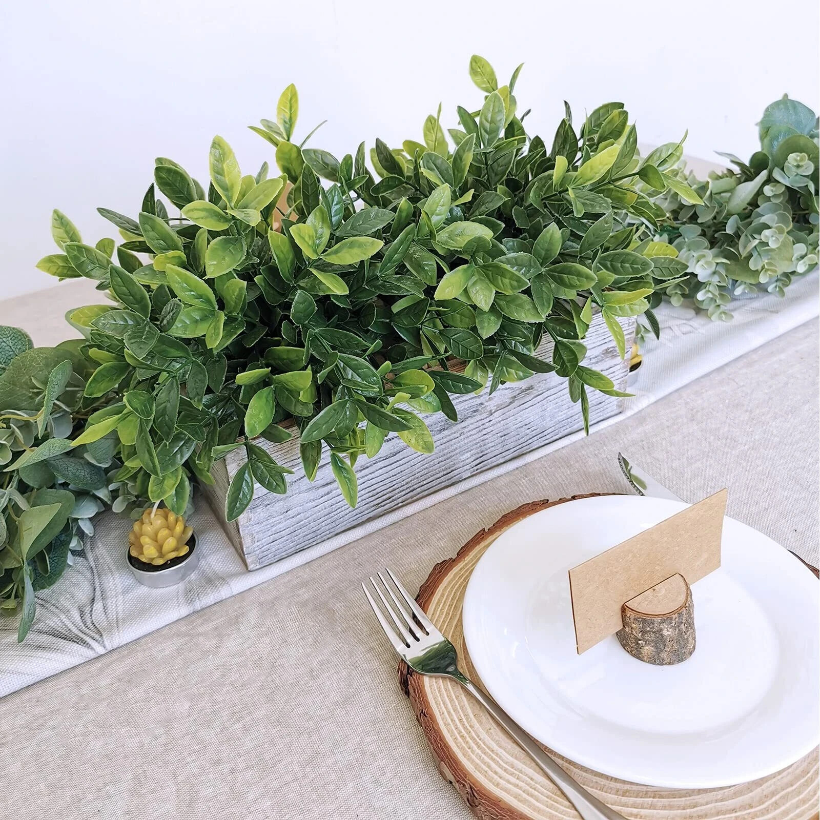 Artificial Eucalyptus Plant in Rustic Rectangular Wooden Planter Box Faux Pot…