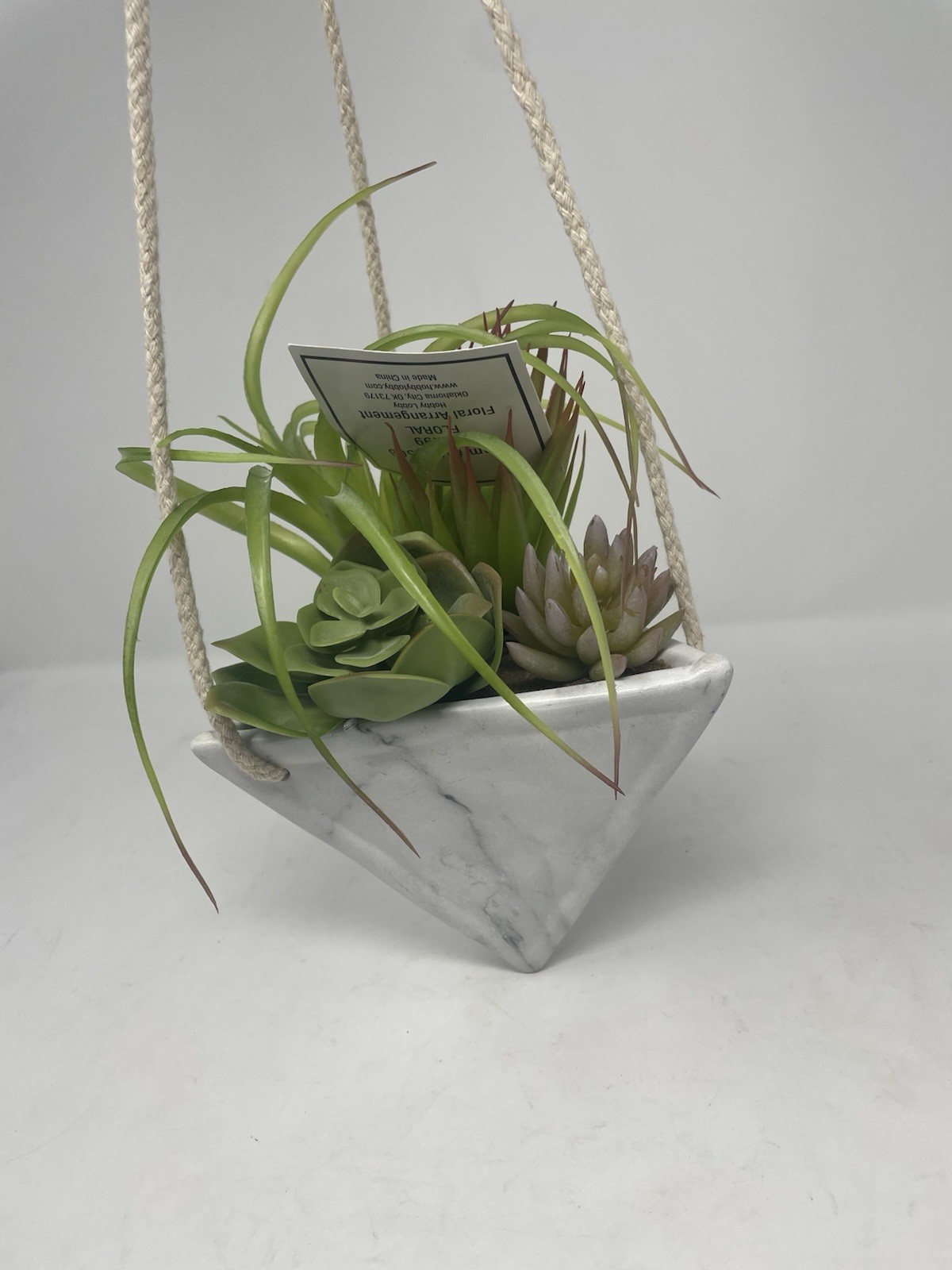 New Hanging Faux Succulent Arrangement Marble Triangle Planter Wall Decor