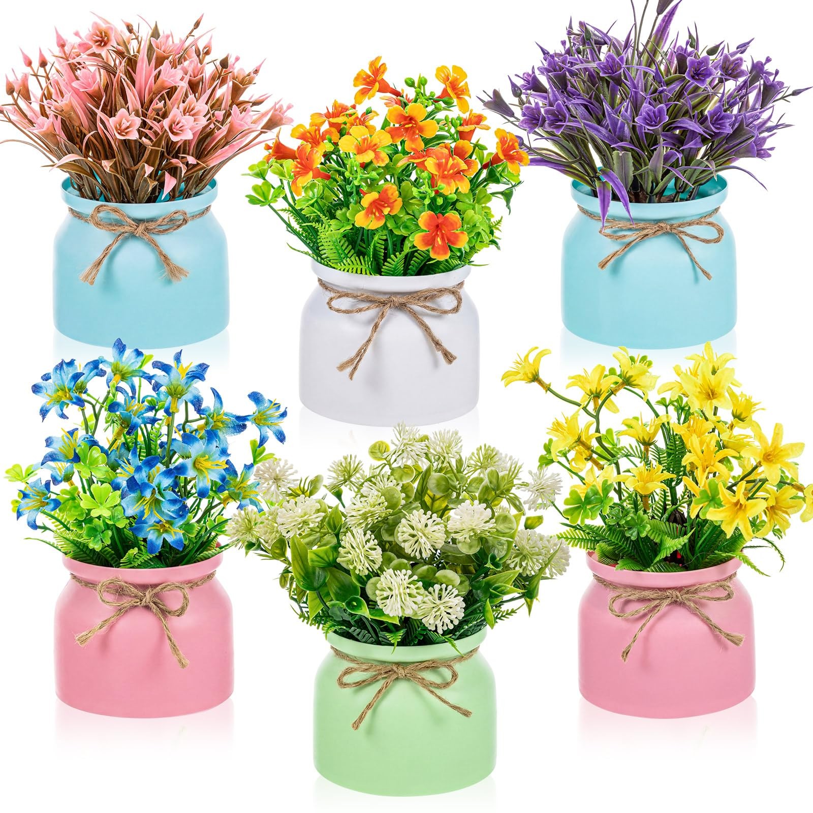 6 PCS Large Spring Artificial Flowers Potted Fake Floral Plants Macaron Pot