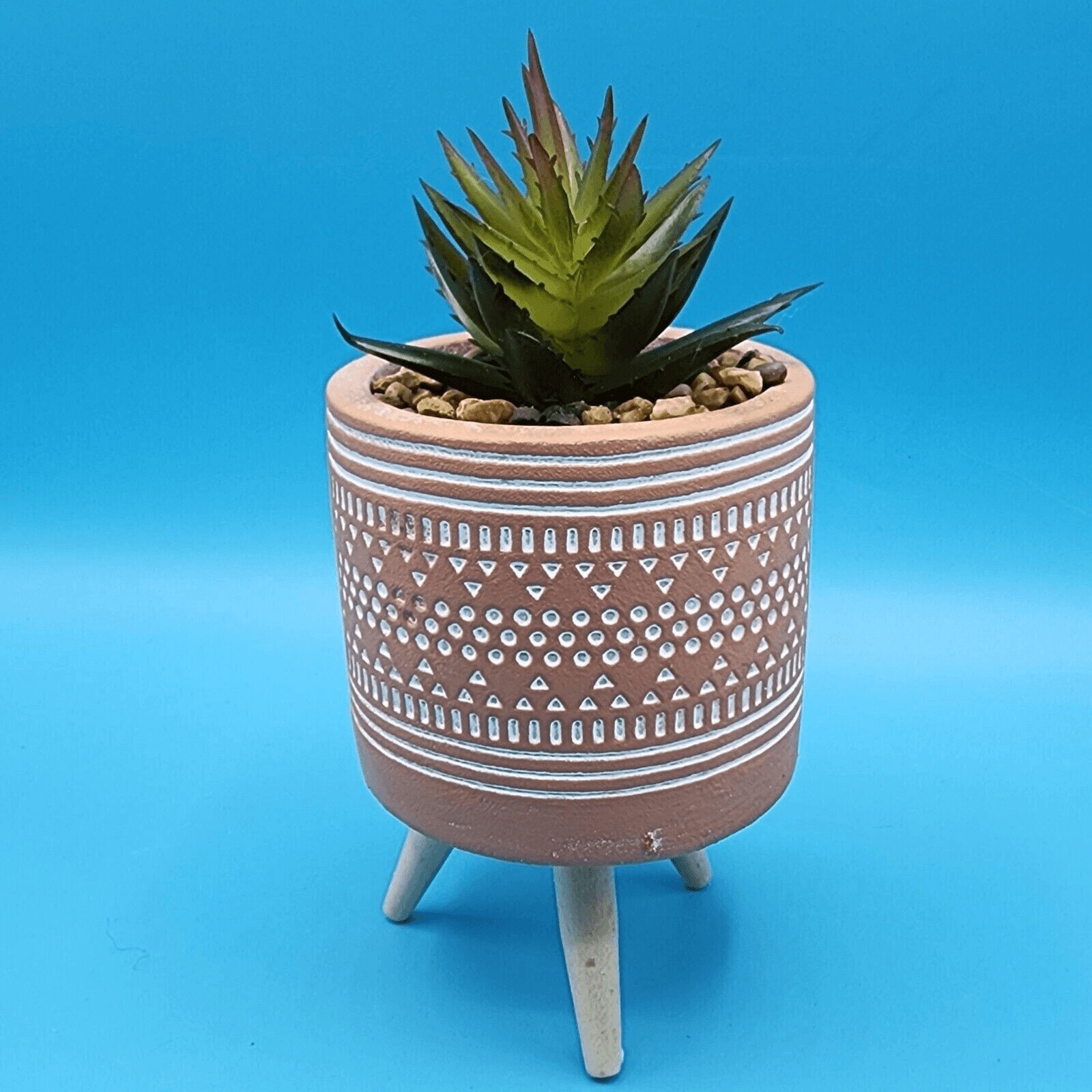 Faux Succulent Plant In Geometric Etched Terra Cotta Pot Legs Artificial Plant