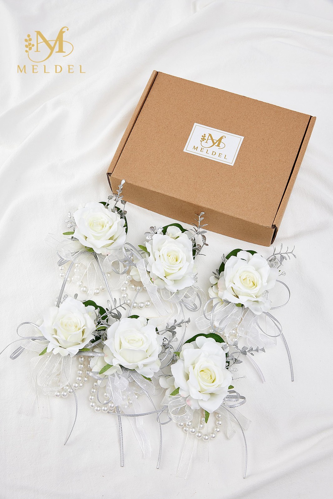 6 PCS White Rose Wrist Corsage For Prom Bride Bridesmaids Wedding Party