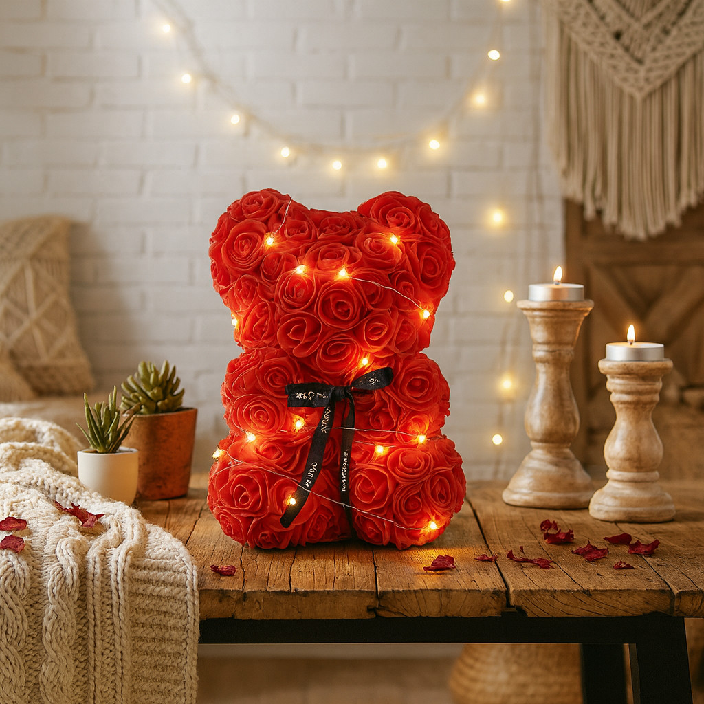 Light Up Foam Rose Bear 25cm w/ Gift Box Ribbon Warm LED Lights Valentine Gift