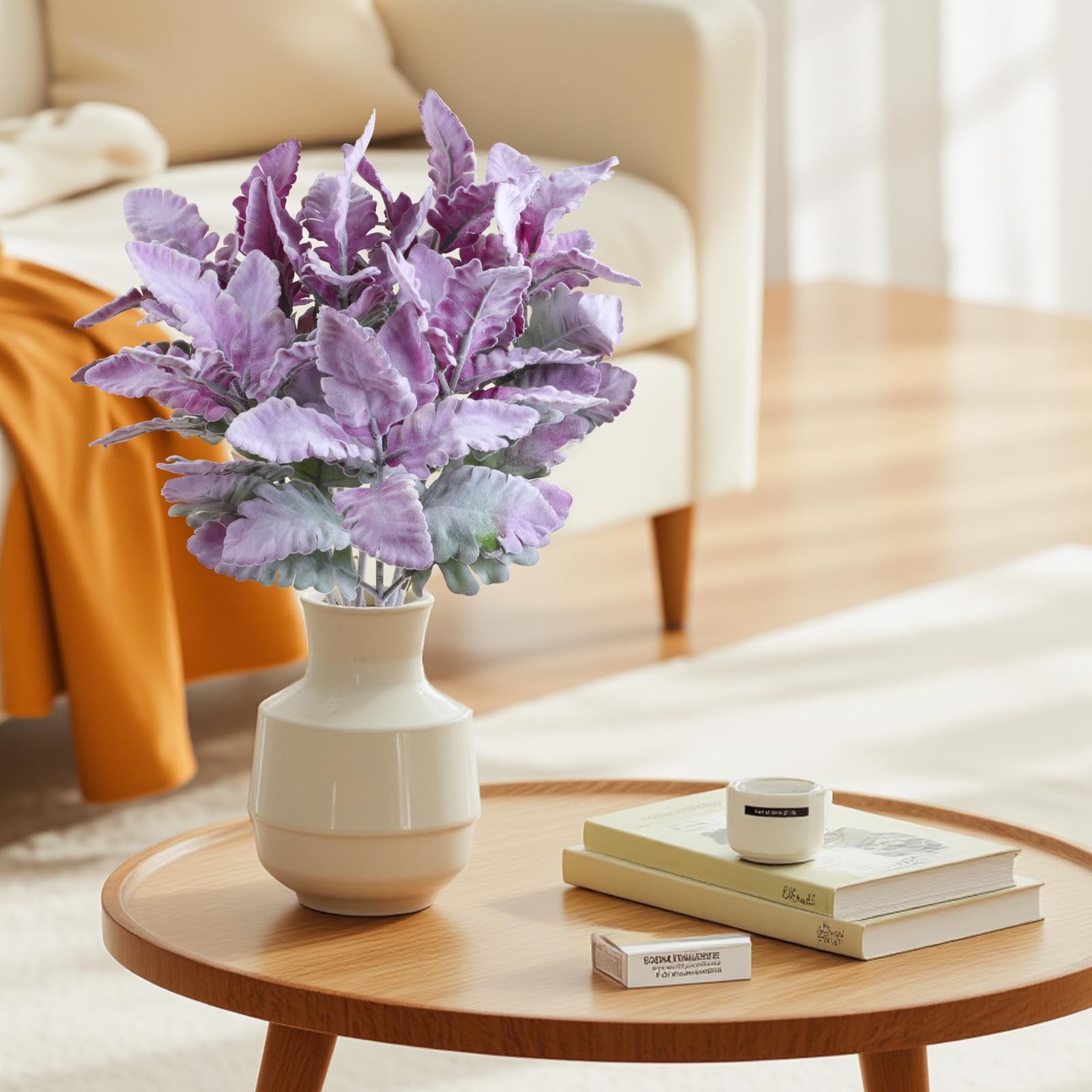 8Pcs Artificial Dusty Miller Plant Faux Flocked Lambs Ear Greenery Stems Purp…