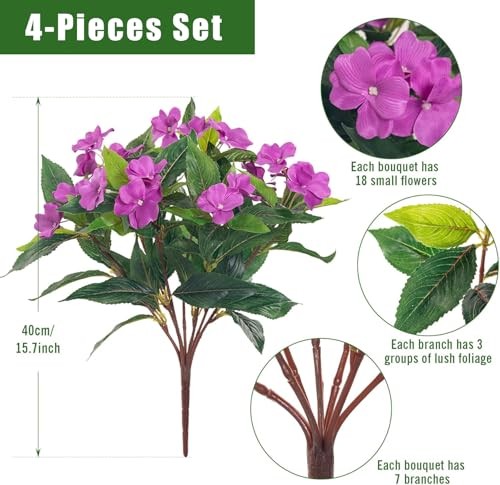 Artificial Impatiens Flowers 4 Stems Purple UV Resistant Plastic 13.5 in