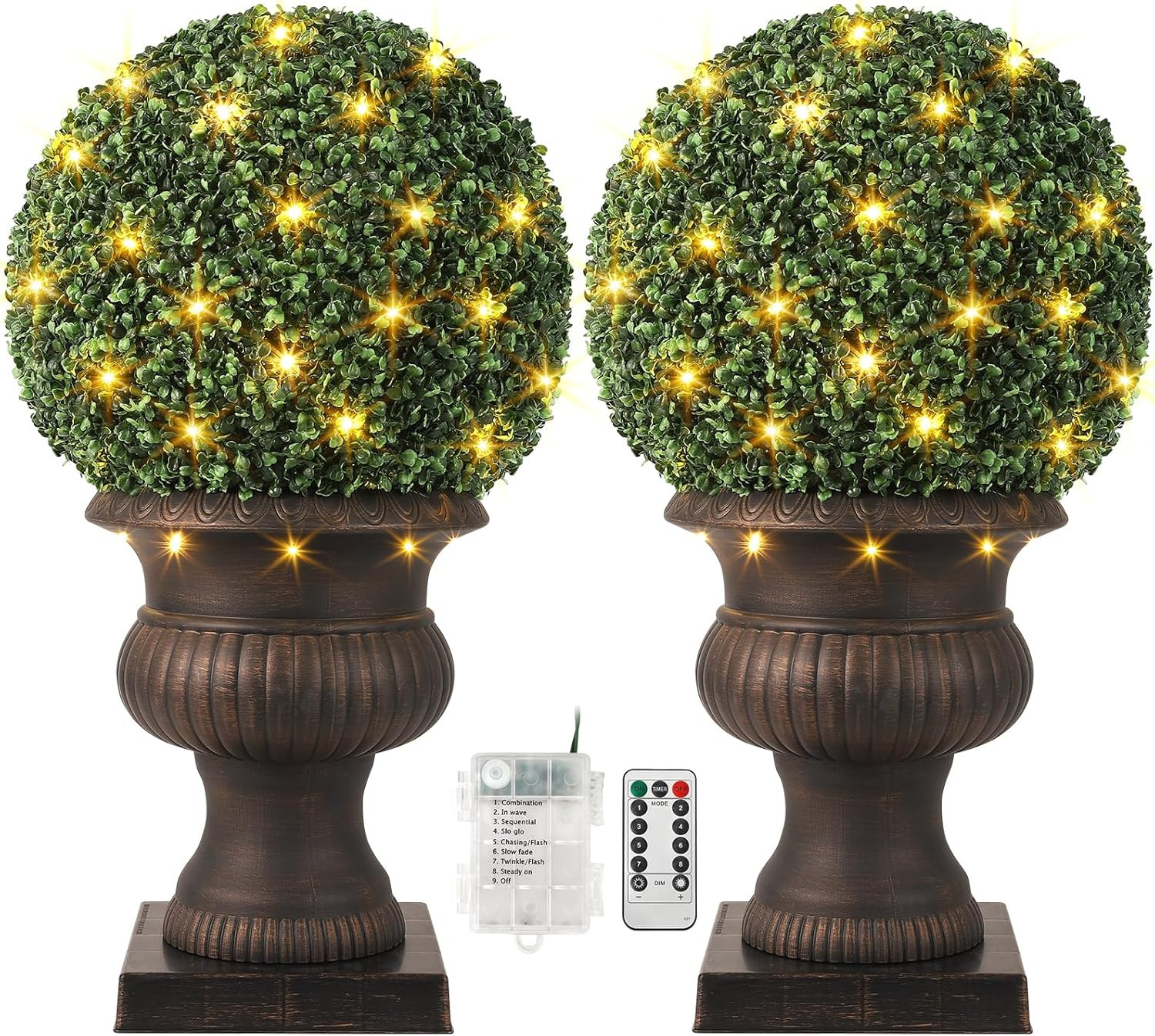 2 Pcs 20” Artificial Plant Topiary Ball with Light, All-Year Green Faux Boxwood