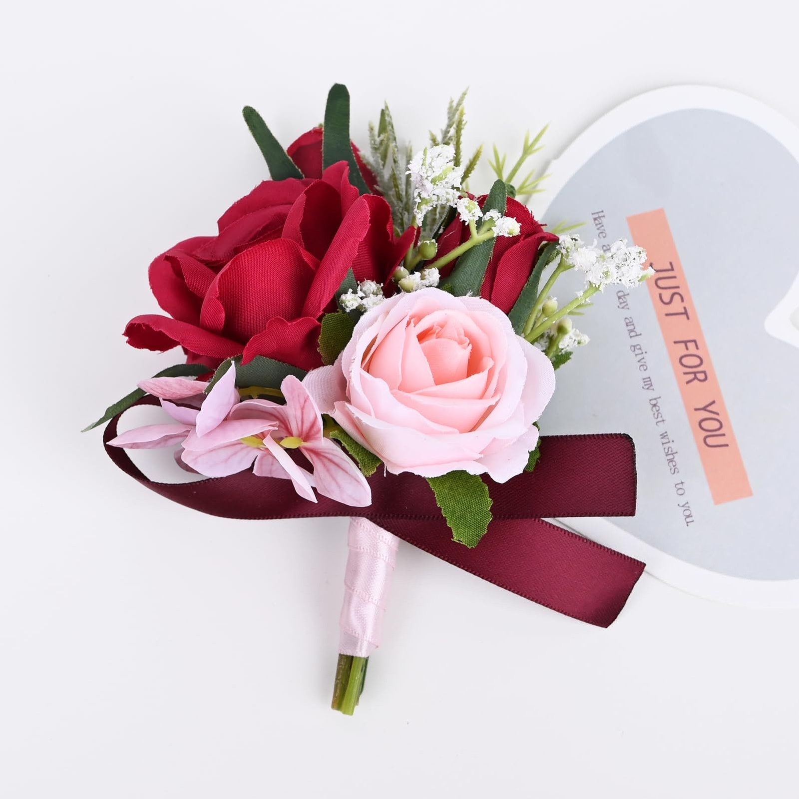 2 PCS Boutonniere Wrist Corsage Set Artificial Rose Men Women Red Pink Decor