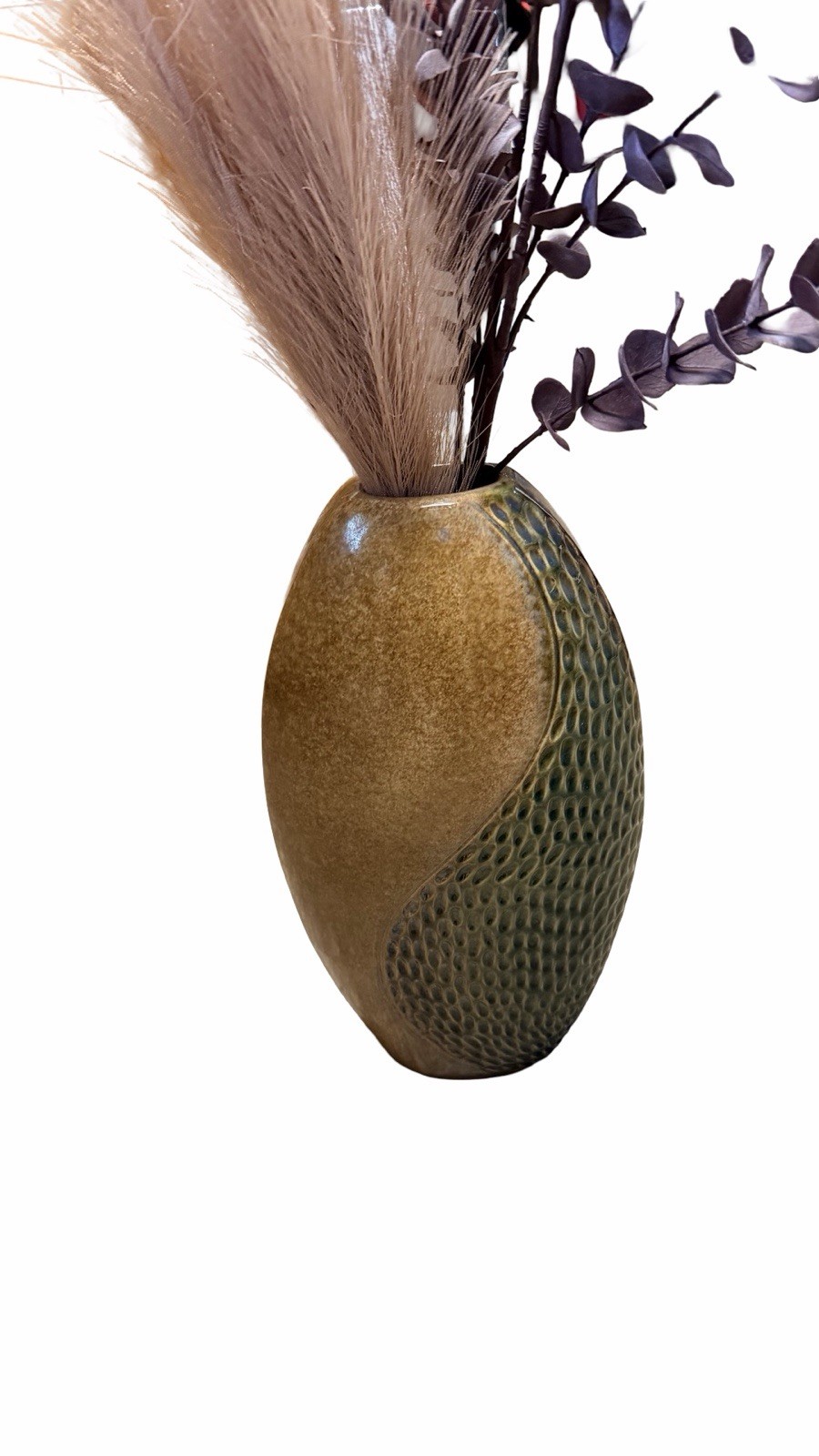 Modern Textured Ceramic Vase w Faux Pampas Eucalyptus Floral Arrangement