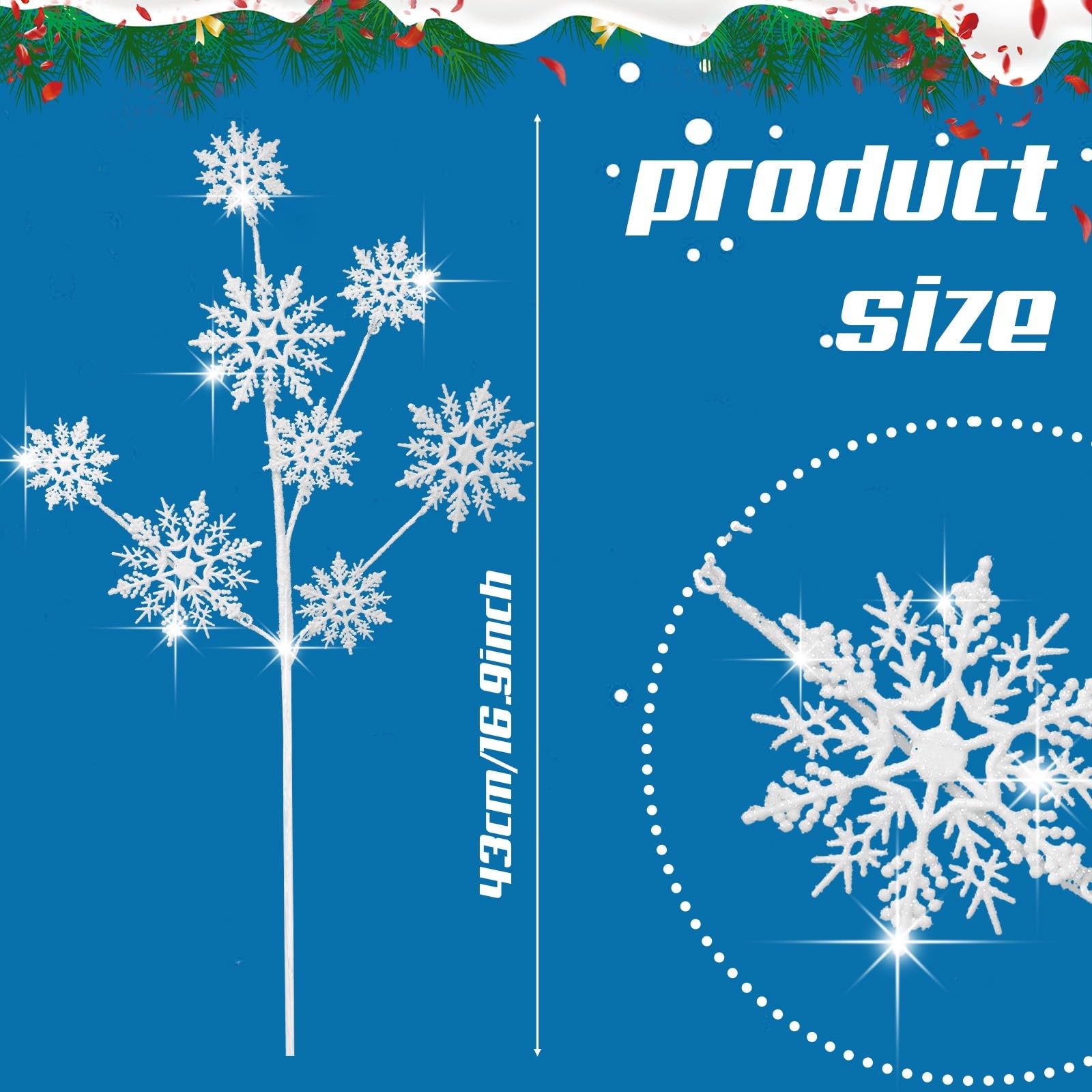 6 Pcs Glitter Snowflake Picks for Floral Arrangements 16.9 Inch Christmas Sno…